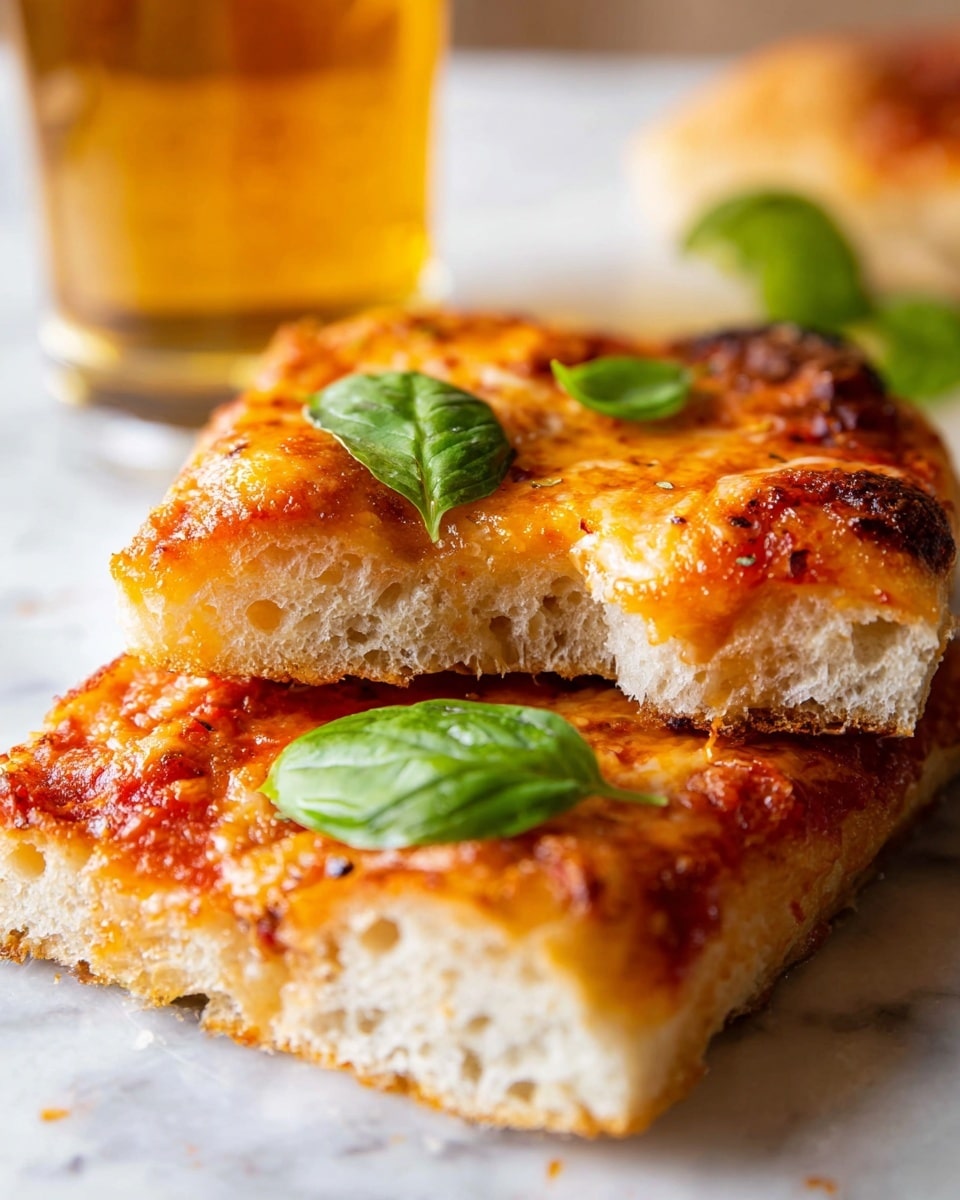 Two thick slices of pizza are stacked on a white marbled surface. The top slice, with a bite taken out, shows a fluffy, light beige crust. Both slices have a layer of melted golden-yellow cheese mixed with orange and bubbly texture, sitting on a red tomato sauce layer. Three fresh green basil leaves rest on the cheese and sauce, adding a bright contrast. In the background, there is a blurry glass filled with golden liquid. Photo taken with an iphone --ar 4:5 --v 7
