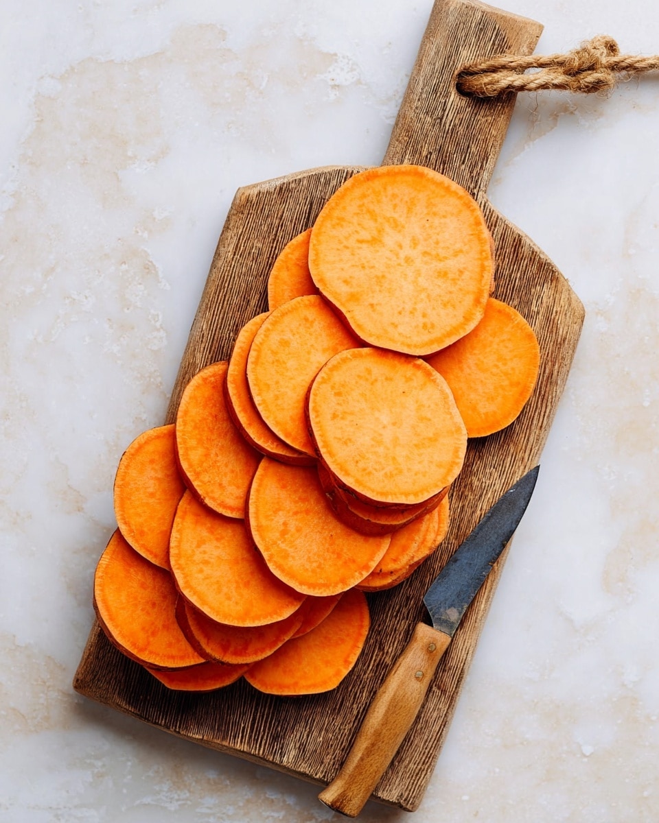 Thin slices of bright orange sweet potato stacked in three uneven layers on a small wooden cutting board with a handle and a rope loop. The sweet potato slices have smooth surfaces and slightly rounded edges, showing the lighter inner flesh. A small knife with a wooden handle lies beside the board on a white marbled surface. Photo taken with an iphone --ar 4:5 --v 7