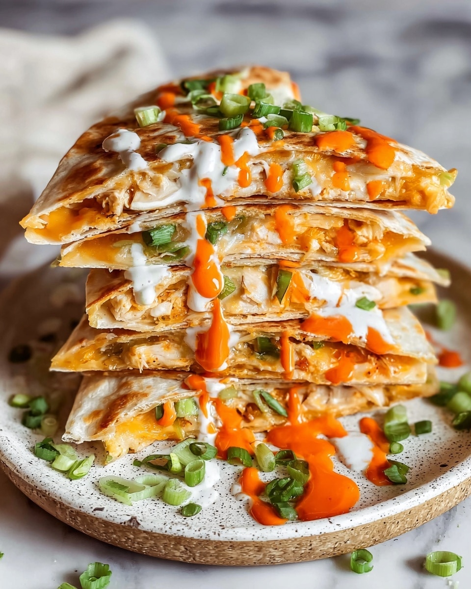 A stack of six folded quesadilla slices sits on a white speckled plate on a white marbled surface. Each quesadilla slice shows multiple layers: the outer golden-brown tortilla wrapped tightly around an inner layer of melted orange cheese, tender cooked chicken pieces, and green chopped scallions. Bright orange sauce and creamy white sauce are drizzled generously over the top and sides, with scallions sprinkled on top and around the plate, some sauce pooling slightly on the plate's edge. The quesadillas appear warm and gooey inside with vibrant colors from the toppings and fillings photo taken with an iphone --ar 4:5 --v 7