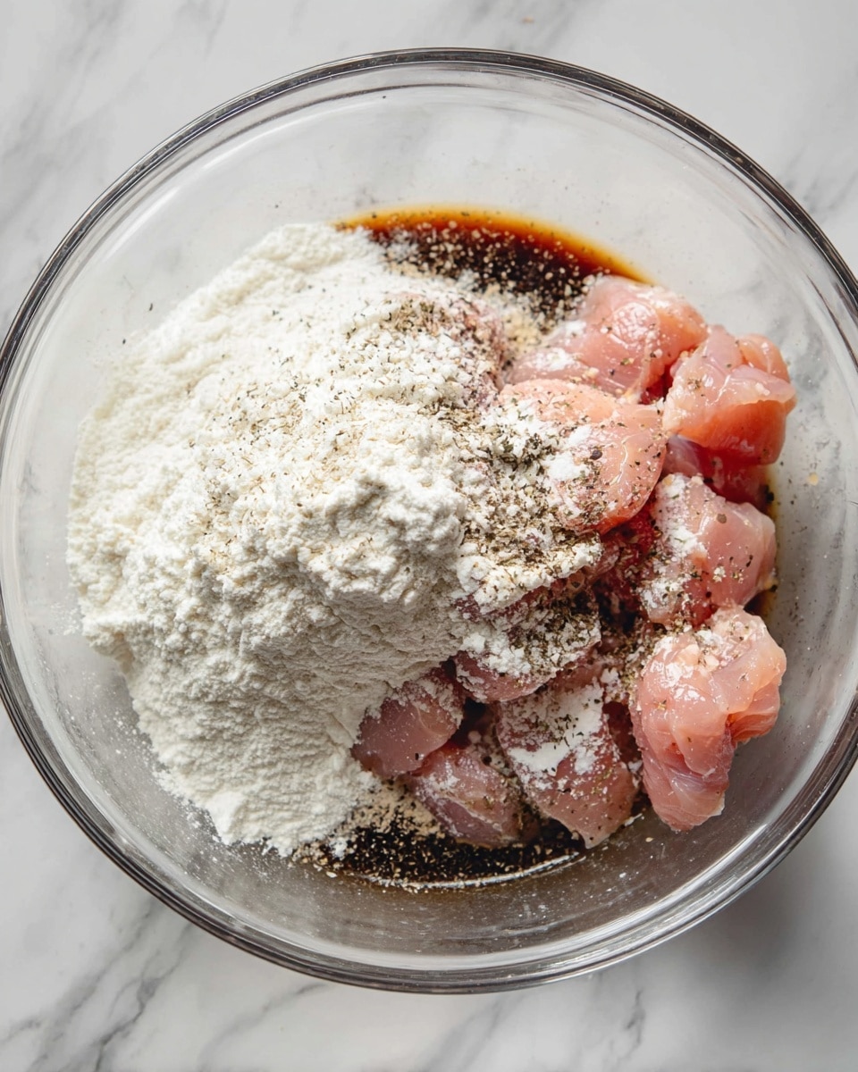 A clear glass bowl filled with raw pink chicken pieces topped with a large pile of white powder, likely flour. Underneath and mixed around the flour are dark brown soy sauce and sprinkled black pepper. The bowl is placed on a white marbled surface, showing the mix of raw meat and dry ingredients holding the different colors and textures clearly. photo taken with an iphone --ar 4:5 --v 7