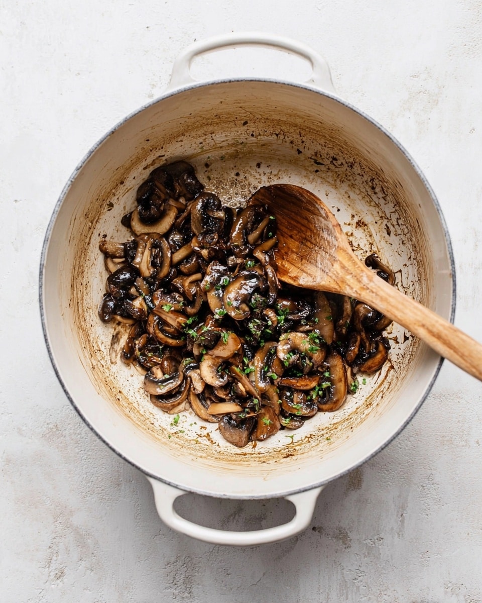 A white pot with two handles holds a small pile of cooked mushroom slices at the bottom center. The mushrooms are dark brown and glossy with bits of fresh green herbs sprinkled on top. The inside walls of the pot are smeared with light brown cooking residue, showing some texture from stirring. A wooden spoon with a long handle rests inside the pot, its bowl filled partially with the mushrooms. The pot sits on a white marbled surface, adding a soft textured background. photo taken with an iphone --ar 4:5 --v 7