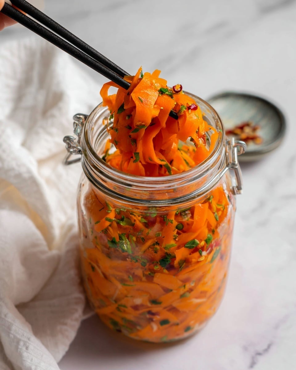 A clear glass jar filled with bright orange, thin carrot ribbons mixed with small green herb pieces and red chili flakes. The carrot ribbons are soft and slightly curled, with some lifted out of the jar by black chopsticks held by a woman's hand. The jar is open and placed on a white marbled surface with a white cloth and a dish visible in the background. The overall look is fresh, colorful, and light. photo taken with an iphone --ar 4:5 --v 7