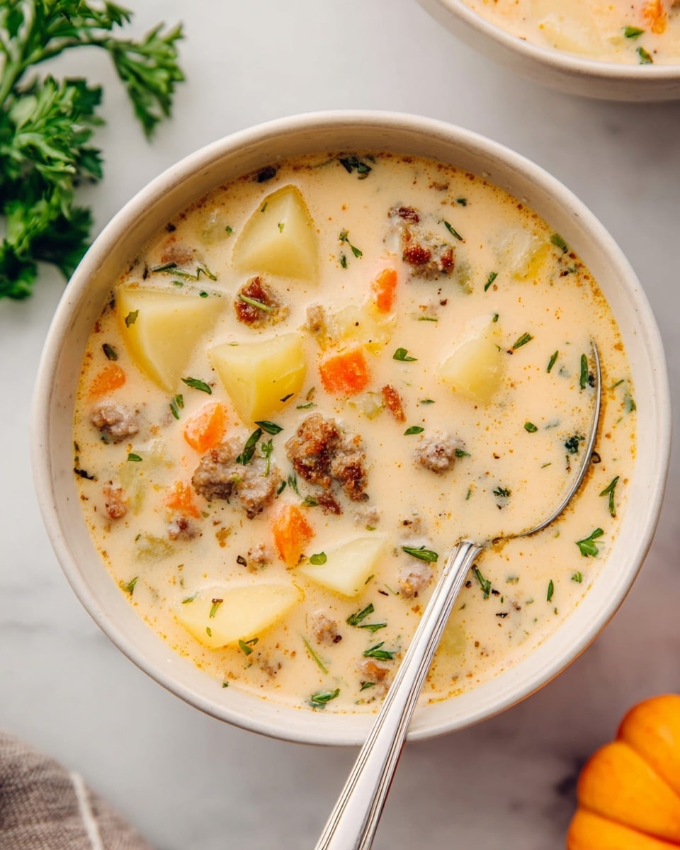 A close-up view of a creamy soup in a simple white bowl filled with three main layers: a smooth, light beige broth, scattered chunks of soft yellow potatoes, and small pieces of browned crumbled sausage along with tiny bright orange carrot bits, green herbs, and seasoning specks. A silver spoon rests inside the bowl on the right side, partially submerged in the soup. The bowl sits on a white marbled surface with a sprig of green parsley on the left side and a small orange pumpkin slightly visible on the right. Photo taken with an iphone --ar 4:5 --v 7