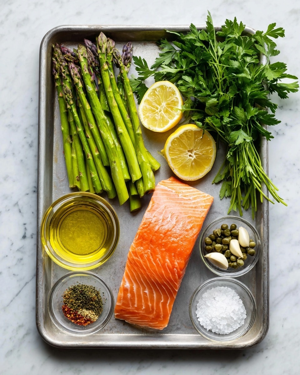 A metal tray on a white marbled surface holds fresh ingredients arranged neatly: on the left, bright green asparagus stalks with purple tips are stacked in a small pile; near the center, a bunch of green parsley leaves rests above two lemon wedges with a soft yellow color; to the right, an orange-pink piece of salmon fillet with visible white fat lines lies flat; surrounding these main items are small glass bowls containing olive oil with a golden-yellow hue, dried herbs in dark green, white coarse salt mixed with red and black specks of seasoning, and green capers; also placed beside the parsley is a single white garlic clove; the scene is lit naturally, highlighting the fresh textures and vibrant colors of each ingredient photo taken with an iphone --ar 4:5 --v 7