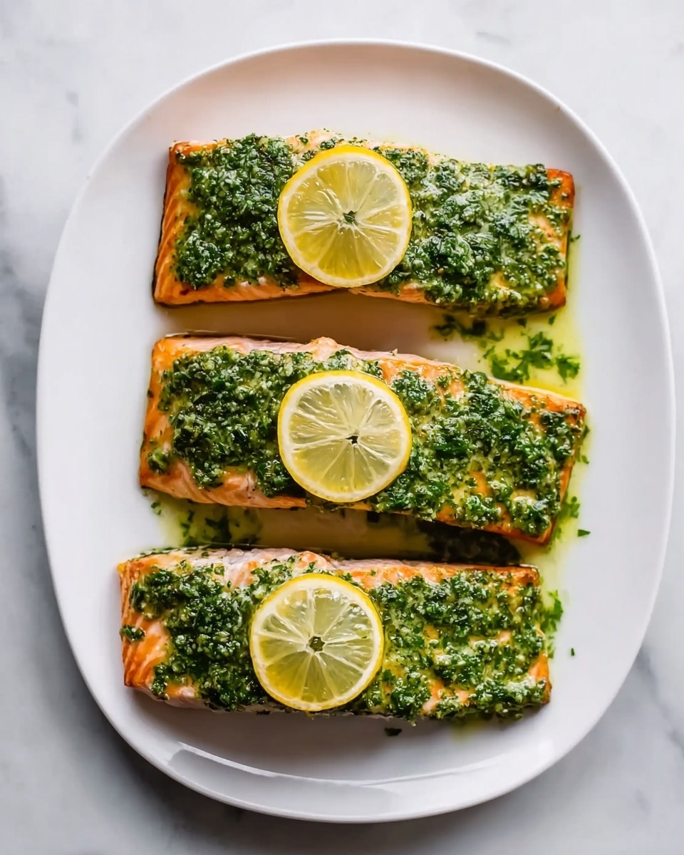 Three rectangular pieces of cooked salmon are placed side by side on a white plate. Each salmon fillet is covered evenly with a green herb sauce that has a rough texture. On top of each fillet, there is a thin yellow lemon slice placed near the center. The plate is set on a white marbled surface. photo taken with an iphone --ar 4:5 --v 7