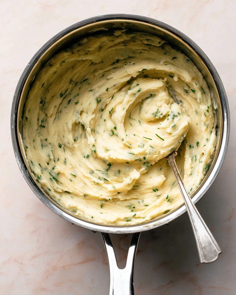 A shiny silver pot filled with creamy mashed potatoes mixed with small green herbs, giving it a speckled look. The mashed potatoes have a smooth and soft texture with swirls from stirring. A metal spoon with a long handle rests inside the pot, slightly lifting some of the mashed potatoes. The background is a white marbled surface. photo taken with an iphone --ar 4:5 --v 7