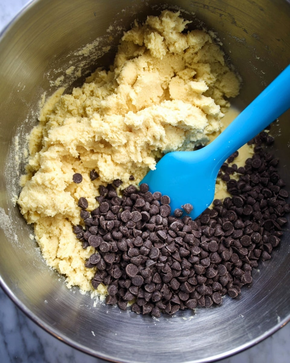 A large silver mixing bowl holds light yellow dough on one side with a rough, crumbly texture and a large pile of small, dark brown chocolate chips on the other side; a bright blue spatula is partially buried in the dough near the top right corner, blending the two ingredients slightly, all set on a white marbled surface. photo taken with an iphone --ar 4:5 --v 7