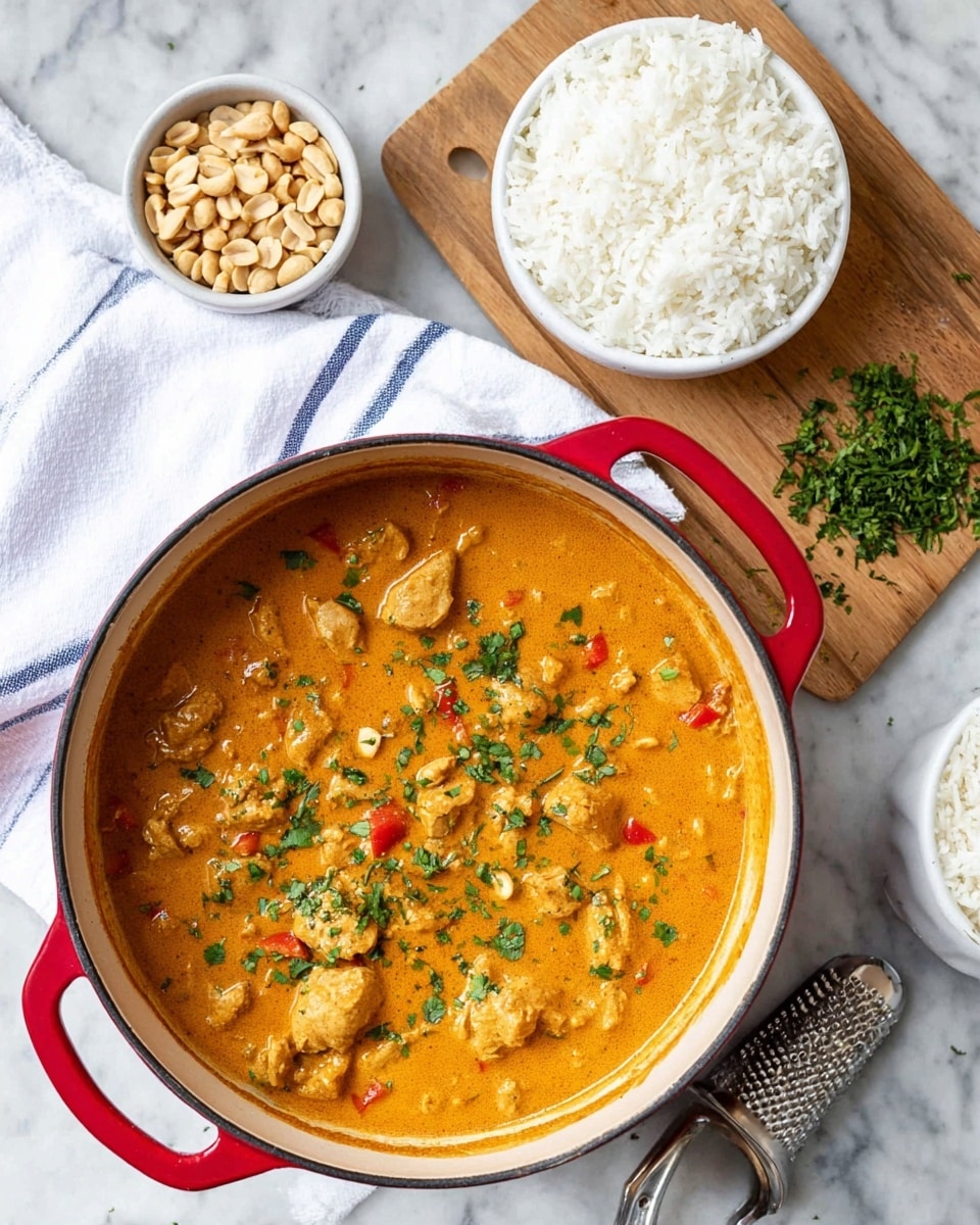 A red pot filled with a thick orange curry containing chunks of light brown meat and small pieces of red pepper, sprinkled with green chopped herbs on top; beside the pot is a white bowl full of fluffy white rice, a small white bowl with light brown peanuts, and a wooden cutting board with finely chopped green herbs and a curved silver herb chopper. All items are placed on a white marbled surface with a white cloth with blue stripes and a silver spoon nearby. photo taken with an iphone --ar 4:5 --v 7