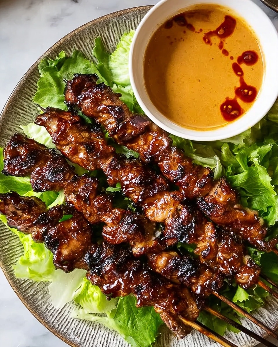 Five grilled meat skewers with a shiny dark brown glaze rest on bright green lettuce leaves arranged on a white plate with a textured edge. The skewers show a mix of crispy and juicy textures with some charred spots. To the plate’s side is a small white bowl filled with a creamy orange sauce drizzled with dark red oil. The plate and bowl sit on a white marbled surface. Photo taken with an iphone --ar 4:5 --v 7