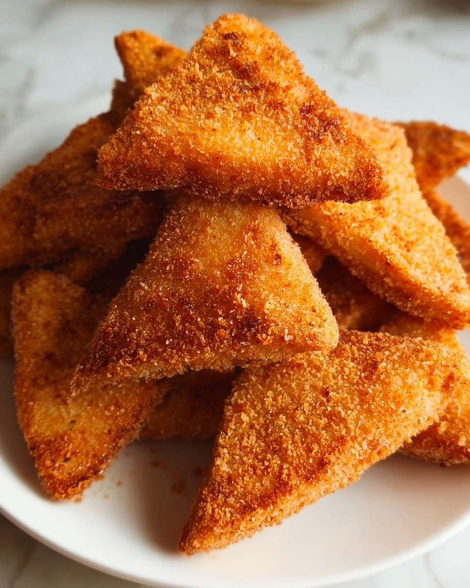 The image shows a close-up view of several triangular-shaped fried food pieces stacked together on a white plate. Each piece has a crunchy, golden-brown crumb coating with a rough texture, giving a crispy look. The pieces are thick and stacked unevenly, filling most of the plate. The background is a white marbled surface. photo taken with an iphone --ar 4:5 --v 7