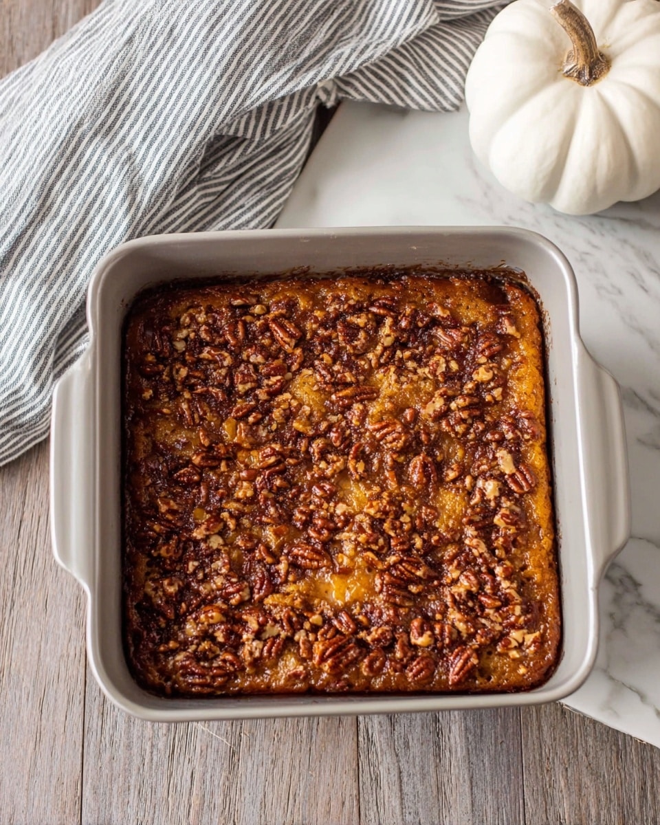 A square baking pan holds a golden-brown baked dish with a crunchy top layer covered in small, chopped pecans evenly spread, giving a textured look. The surface beneath is slightly shiny and bumpy from the nuts and caramelized bits. The sides of the dish look thick and firm with darker browned edges showing slight crispiness. It rests on a white marbled surface next to a striped cloth and a white pumpkin-shaped ceramic jar in the top right corner. photo taken with an iphone --ar 4:5 --v 7