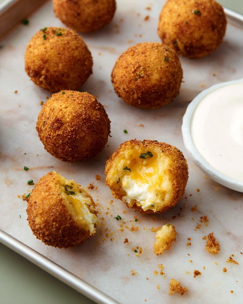 The image shows seven small, round, golden-brown fried balls with a crispy texture on a baking tray with a white marbled surface. One ball is split open in the center, revealing a smooth, creamy yellow cheese layer underneath the crunchy outer layer, mixed with soft white filling and small green bits. Some crumbs are scattered around the balls. On the right edge, there is a white bowl filled with a thick white sauce. The photo taken with an iphone --ar 4:5 --v 7