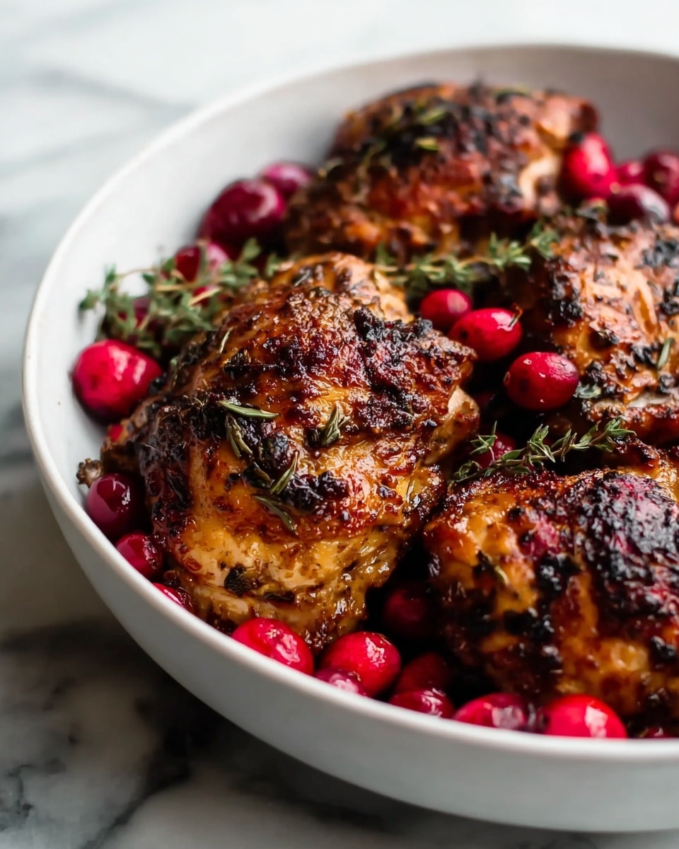 The image shows a close-up of several browned cooked chicken pieces with a slightly crispy, darkened skin that has herbs scattered on top. Around the chicken, there are bright red cranberries which add a pop of color and contrast against the warm brown chicken. All the food is placed inside a white bowl, with a white marbled surface seen beneath it. The textures vary from crispy and slightly charred on the chicken to soft and juicy on the cranberries. photo taken with an iphone --ar 4:5 --v 7