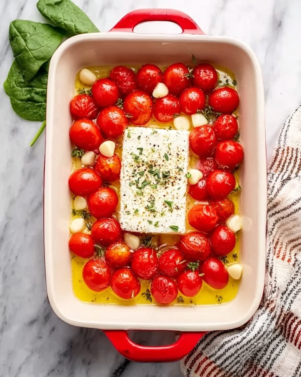A white baking dish with red handles is placed on a white marbled surface. Inside the dish, there is a single block of white cheese in the center, surrounded by small round red cherry tomatoes lined evenly along the edges and scattered around the cheese. Small chunks of garlic are scattered near the tomatoes. The entire dish is coated with a light golden liquid, likely olive oil, and lightly sprinkled with herbs and black pepper. A few spinach leaves are visible in the upper left corner, outside the dish, with a striped white, brown, and black cloth on the right side. Photo taken with an iphone --ar 4:5 --v 7