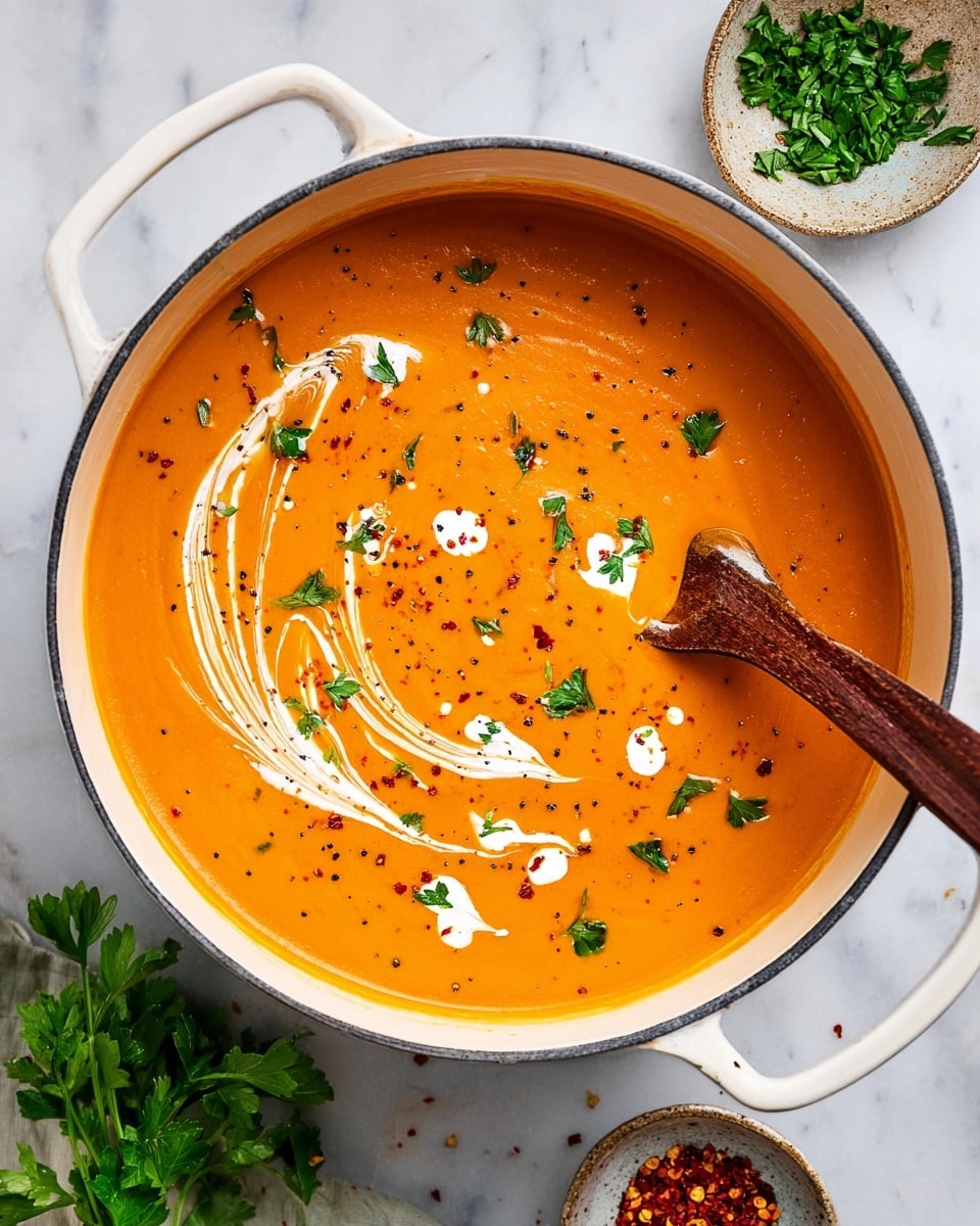 A white pot filled with smooth, thick orange soup sits on a white marbled surface. The soup has white cream swirled on top in a loose spiral and dotted around, with green parsley leaves scattered over it. Small black pepper specks and red chili flakes add a touch of texture across the surface. A wooden spoon with a darkened tip rests inside the pot, partly submerged in the soup. Two bowls with green parsley and red chili flakes are placed above the pot, along with some loose parsley leaves on the surface photo taken with an iphone --ar 4:5 --v 7