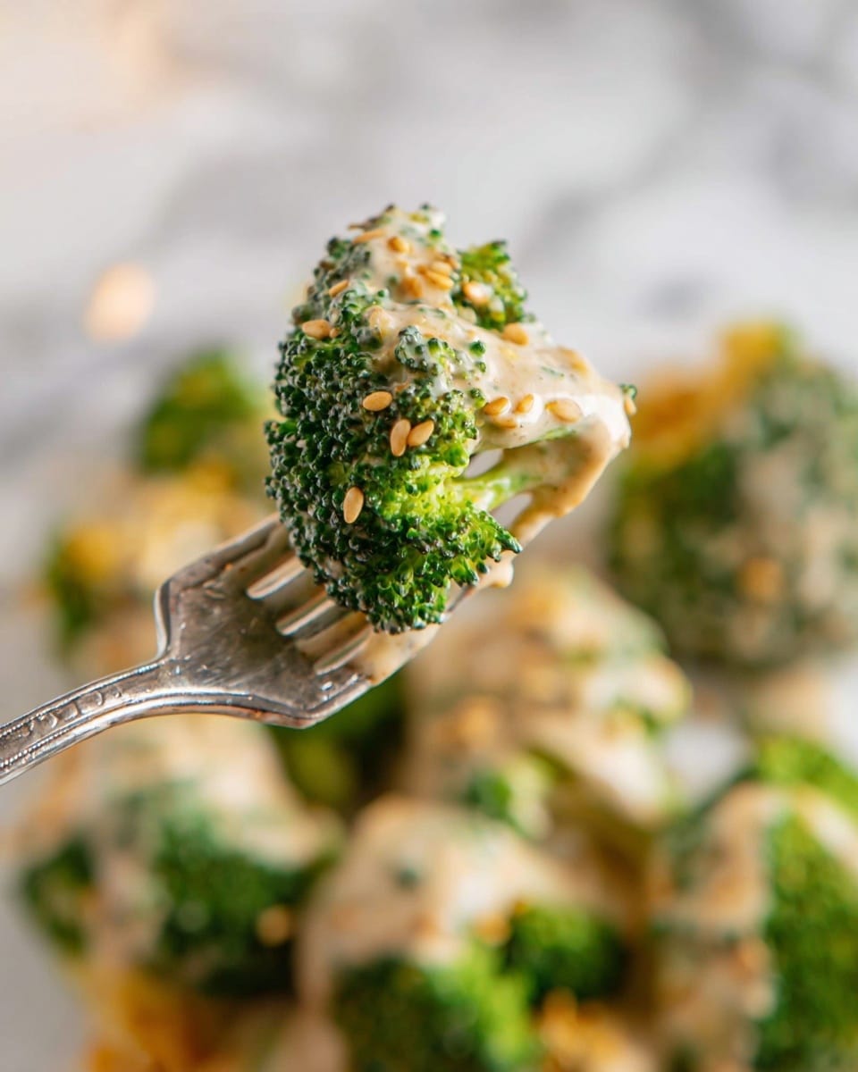 A close-up of a silver fork holding a small broccoli floret covered in creamy, light beige sauce with sesame seeds on top, with more broccoli pieces coated in the same sauce in the blurry background on a white marbled surface. Photo taken with an iphone --ar 4:5 --v 7