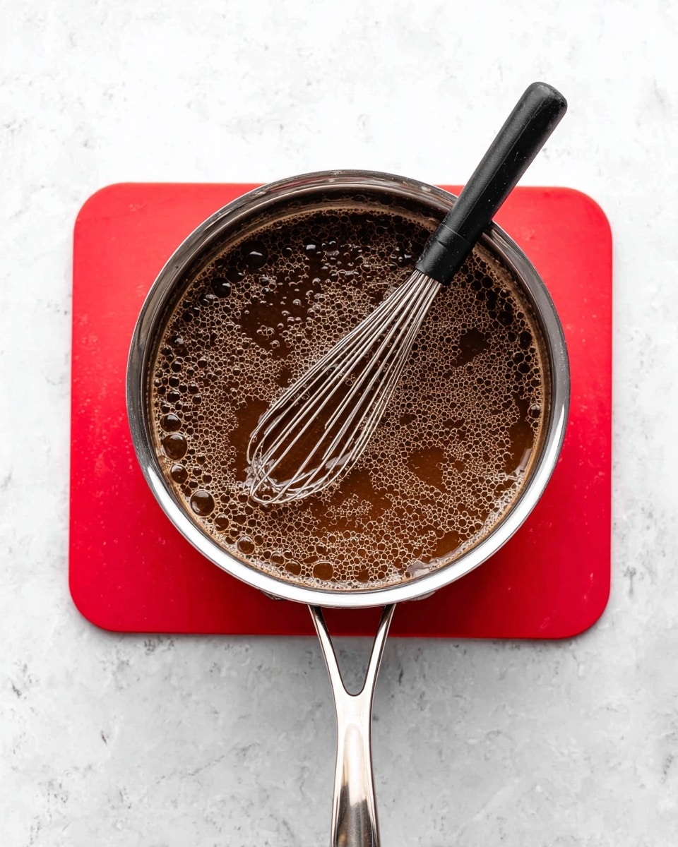 A shiny metal saucepan sits on a bright red square silicone mat, placed on a white marbled surface. Inside the saucepan is a bubbling dark brown liquid with small frothy bubbles spread across the surface. A silver whisk with a black handle rests inside the pan, partially submerged in the liquid, showing some bubbles on and around its wires. The image is taken from above, focusing on the inside of the saucepan and the whisk. photo taken with an iphone --ar 4:5 --v 7