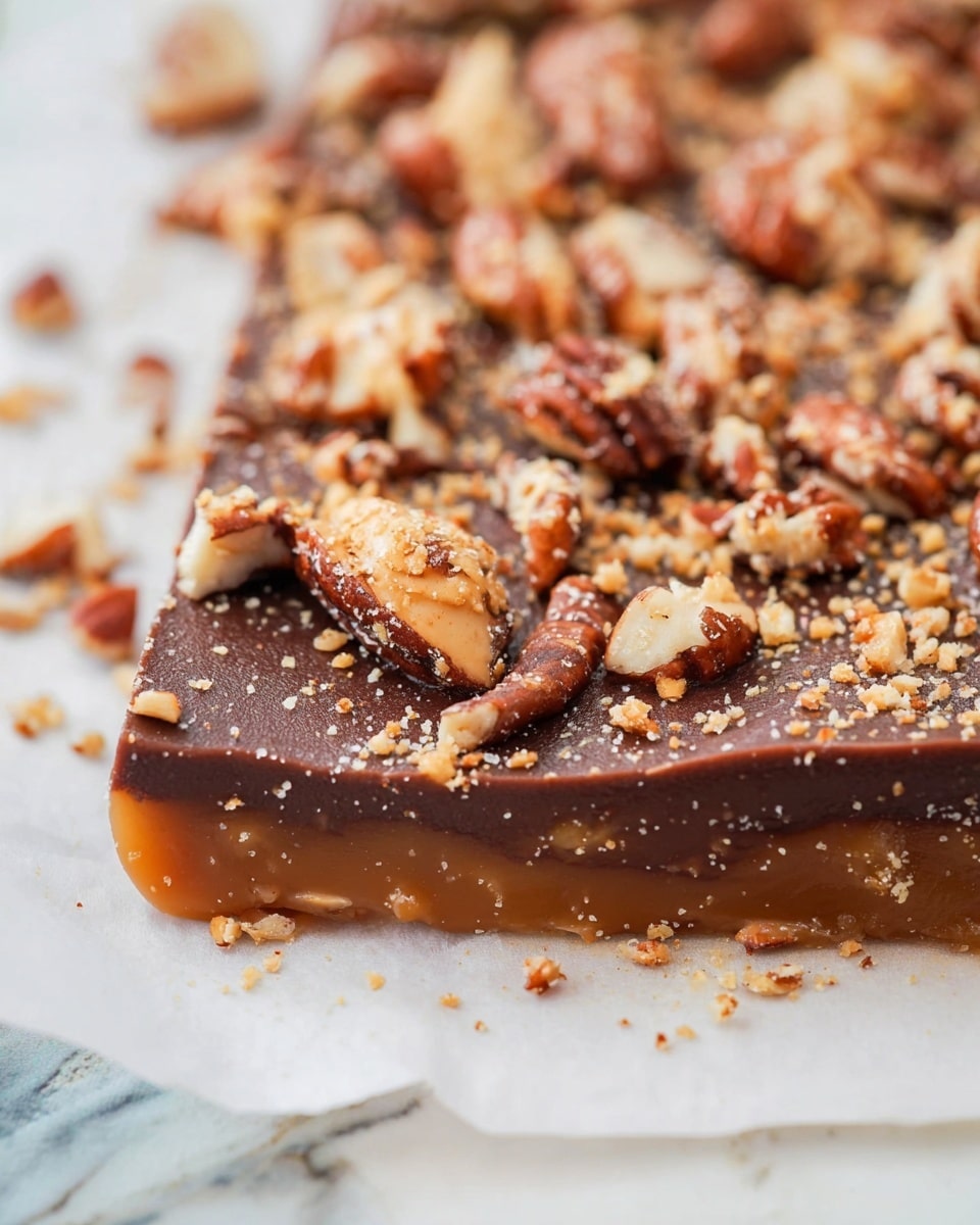 A close-up view of a two-layer rectangular treat on white parchment paper, set on a white marbled surface. The bottom layer is a shiny, rich caramel in dark amber color with a smooth, slightly sticky texture that spreads to the edges. The top layer is a thick, creamy chocolate with a matte finish, evenly covering the caramel base. Scattered generously on the chocolate are large, uneven clusters of mixed nuts, including pecans and almonds, with a rough texture and brown tones ranging from light to dark. The rough edges and sprinkled nut pieces add a rustic look to the dessert photo taken with an iphone --ar 4:5 --v 7