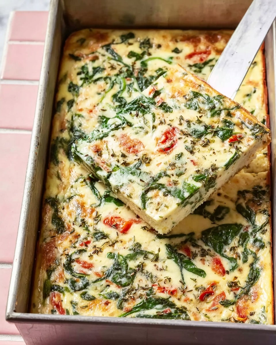 A rectangular baked dish inside a metal pan showing a creamy yellow base with green spinach leaves and small red tomato pieces spread evenly throughout. The surface has a slightly browned look with visible herbs sprinkled on top. One piece is being lifted with a thin blade, revealing the thickness of the layers and the soft texture inside. The background surface is a white marbled texture with a pink tiled edge visible on the side. Photo taken with an iphone --ar 4:5 --v 7