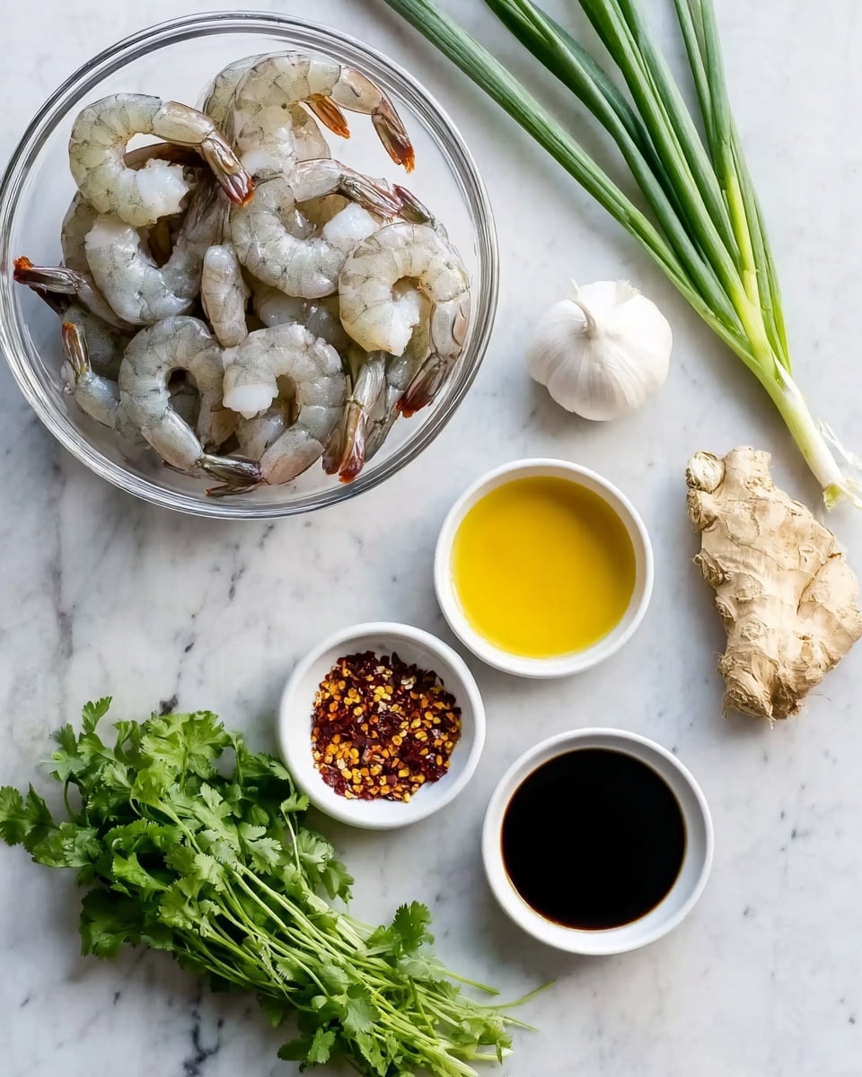 A clear glass bowl filled with raw shrimp with tails on sits on a white marbled surface. Around it are small white bowls holding three sauces: a golden honey-like sauce, a bright yellow oil, and a deep black soy sauce. There is a whole white garlic bulb, a small pile of red chili flakes, a piece of light beige fresh ginger root, and fresh green bunches of cilantro and green onions placed neatly on the surface. The colors are natural and fresh, all resting on the white marbled background. photo taken with an iphone --ar 4:5 --v 7