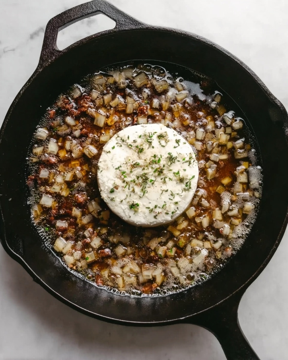 A black cast iron pan is placed on a white marbled surface. Inside the pan, there is a layer of small diced pieces of meat or food browned and cooked, scattered evenly across the bottom. In the center of the pan, there is a round, white cheese wheel with green herbs visible inside, sitting on top of the cooked pieces. The liquid in the pan has small bubbles and a slight foam. The pan handle extends to the top right corner of the image. Photo taken with an iphone --ar 4:5 --v 7