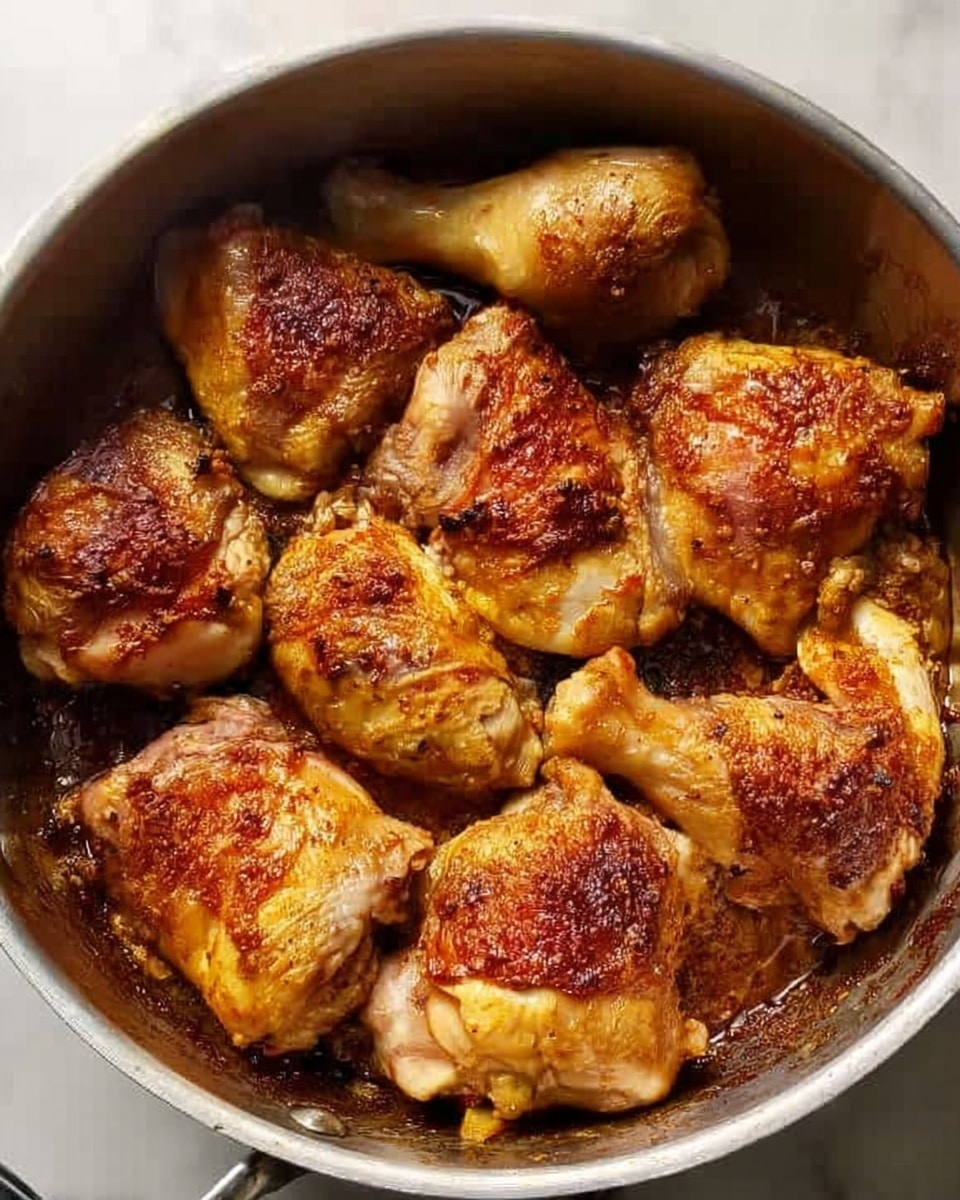 A silver pot filled with nine golden-brown roasted chicken parts evenly spread inside. The chicken pieces have a crispy skin with some darker browned spots and varying shades of yellow and light brown. The surface inside the pot shows bits of caramelized juices and slightly burnt residue, adding texture to the bottom layer. The pot rests on a white marbled surface. The photo taken with an iphone --ar 4:5 --v 7