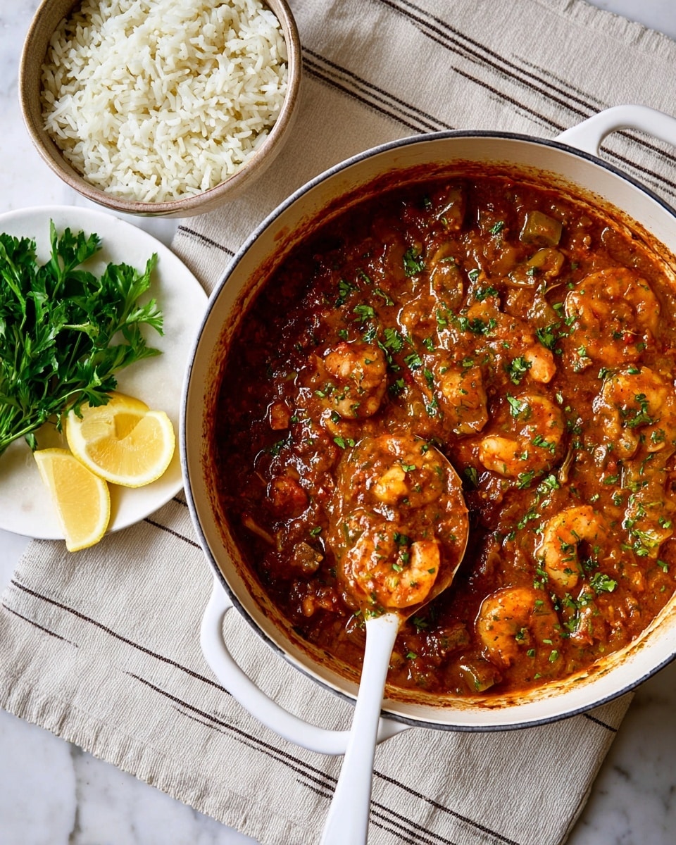 A white pot filled with a thick reddish-brown shrimp stew with visible chunks of shrimp and herbs scattered on top. Inside the pot, a white spoon holds some stew, showing the thick texture with small pieces of onion or celery. Near the pot, there are two small white plates on a white marbled surface, one with fresh green parsley leaves and the other with lemon wedges. In the upper part of the image, there is a white bowl filled with rice. The pot is placed on a light beige cloth with dark stripes. Photo taken with an iphone --ar 4:5 --v 7