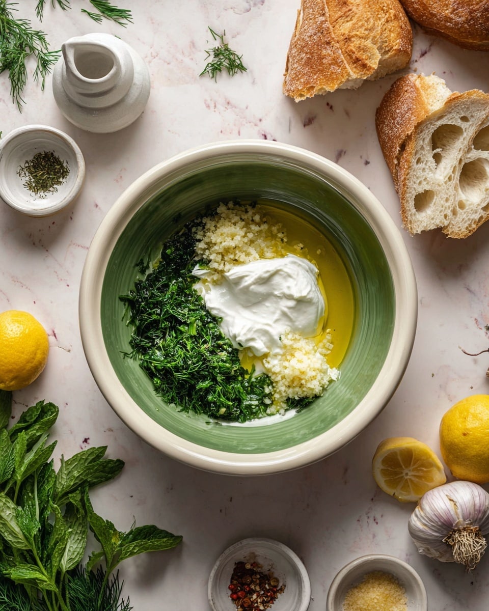 A white bowl with a green inside holds a mix of ingredients arranged in separate sections: a dollop of white creamy yogurt, golden yellow olive oil pooling around it, finely chopped green herbs like dill and mint, and a small pile of grated garlic. The bowl sits on a white marbled surface scattered with bread slices, garlic bulbs, lemon halves, leafy herbs, a small white salt holder, and white ceramic bowls of spices, creating a fresh and rustic cooking scene. photo taken with an iphone --ar 4:5 --v 7
