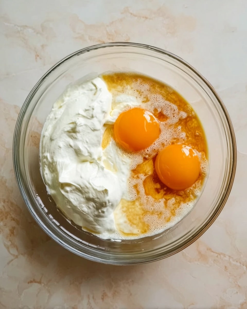 In the image, there is one large clear glass bowl placed on a white marbled surface. Inside the bowl, three main layers are visible: a thick white creamy layer taking up about one-third of the space on the left side, two bright orange egg yolks sitting on the right side near the center, and a light brown liquid mixture spreading around the yolks and the cream. The textures show the cream as smooth and dense, the yolks as glossy and round, and the brown liquid as thin and slightly bubbly, all blending gently together. Photo taken with an iphone --ar 4:5 --v 7