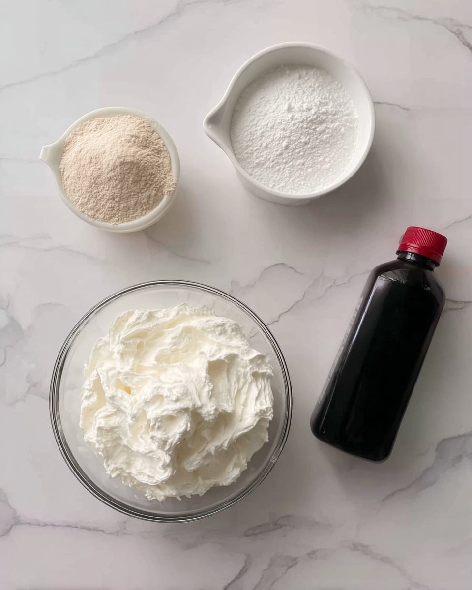 The image shows four ingredients on a white marbled surface: a clear glass bowl filled with fluffy white whipped cream centered at the bottom, a transparent glass bowl with a white powdery substance above it, a white measuring cup filled to the top with a beige powder on the upper left, and a black bottle with a red cap on the lower left. Each item is spaced evenly with soft, natural lighting enhancing the smooth textures and powdery details of the ingredients. photo taken with an iphone --ar 4:5 --v 7