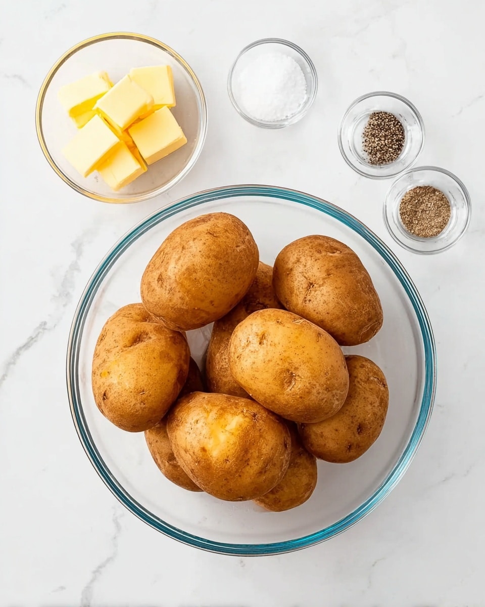 A clear glass bowl filled with seven medium-sized, unpeeled brown potatoes, set on a white marbled surface. To the top left of the bowl, there is a small clear glass bowl containing four square pieces of yellow butter. To the top right of the potato bowl, there are two small clear glass bowls, one with white salt and the other with black pepper. The scene is bright and clean with soft shadows. Photo taken with an iphone --ar 4:5 --v 7