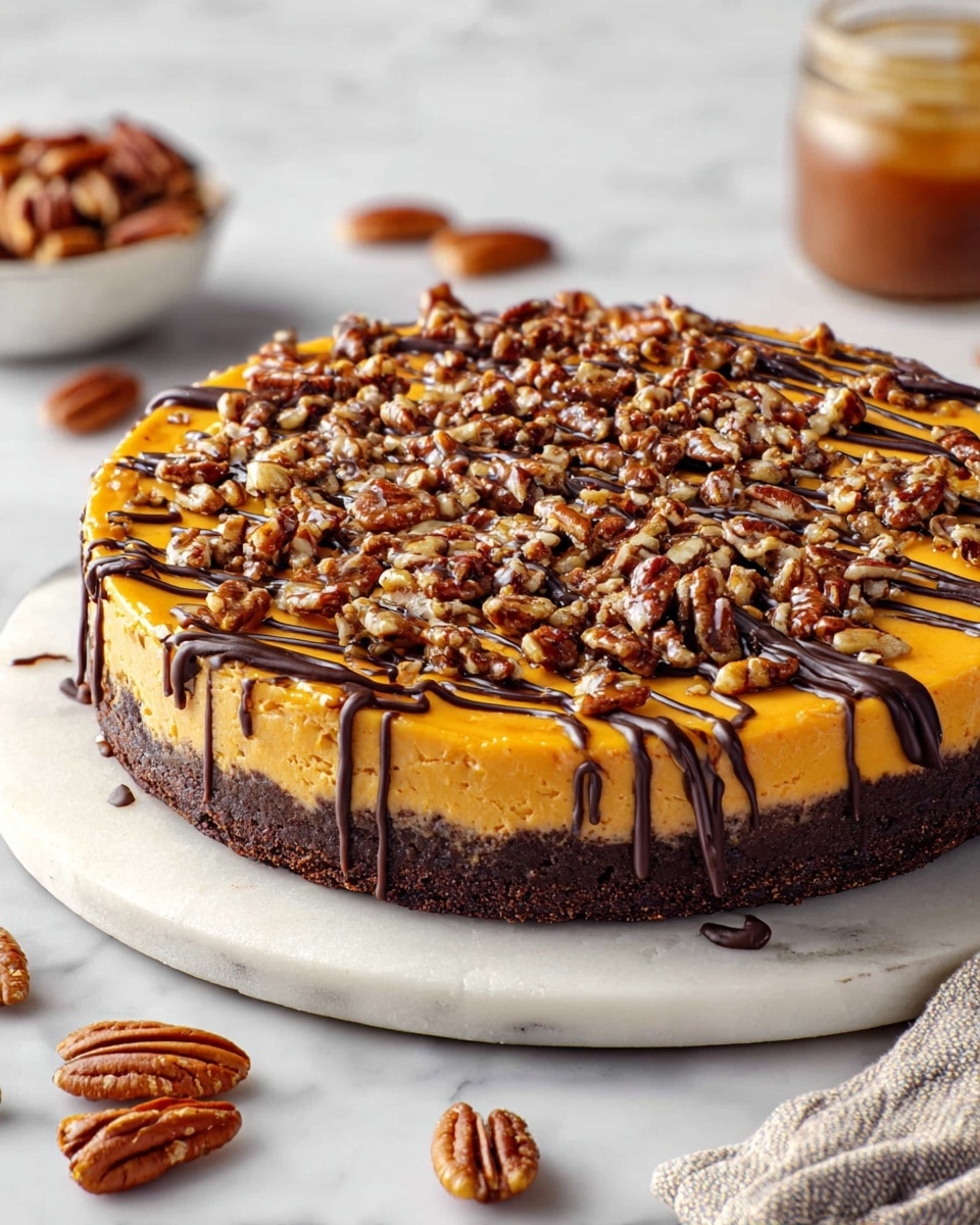 A round dessert with three visible layers sits on a white marbled surface; the bottom layer is dark brown and looks dense like a chocolate crust, the middle layer is a smooth, bright orange topping that spreads evenly over the crust, and the top layer has drizzled dark chocolate in thick lines running across the orange layer. On top of the chocolate drizzle, there is a generous sprinkle of chopped pecans spread all over, adding texture and a mix of light and dark brown colors. Around the dessert, some whole and chopped pecans are scattered, a small bowl filled with pecans is in the background on the left, and a glass jar with caramel sauce is partially visible in the bottom left corner. Photo taken with an iphone --ar 4:5 --v 7