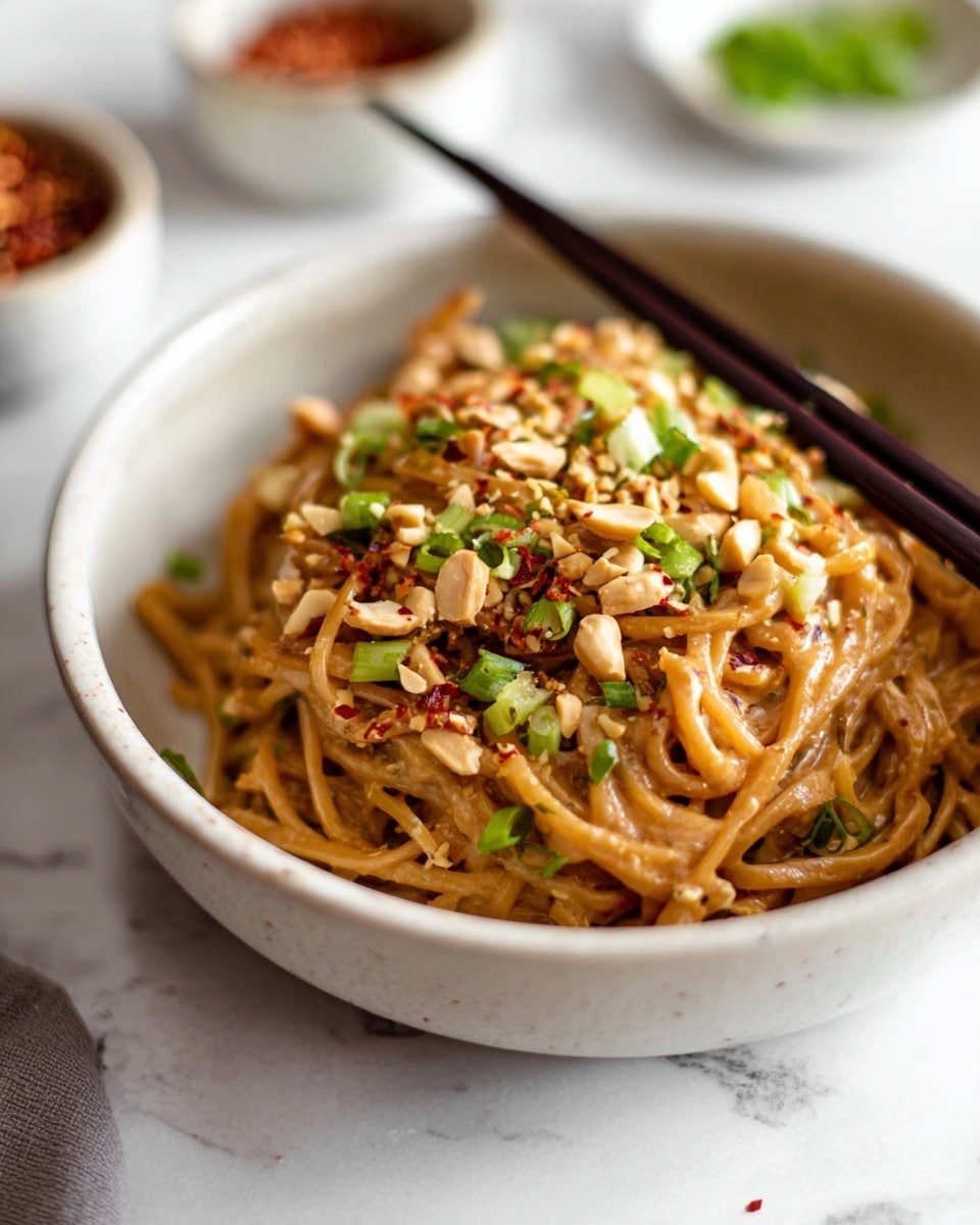 A white ceramic bowl is filled with creamy tan noodles coated in a rich sauce, topped with bright green sliced scallions and broken light brown peanuts. Red chili flakes are sprinkled over the noodles giving small red accents. The noodles are tangled and piled high, with dark chopsticks resting on the bowl's edge. The bowl is placed on a white marbled surface with a blurred background showing two small white bowls, one with reddish contents and the other with green herbs. Photo taken with an iphone --ar 4:5 --v 7