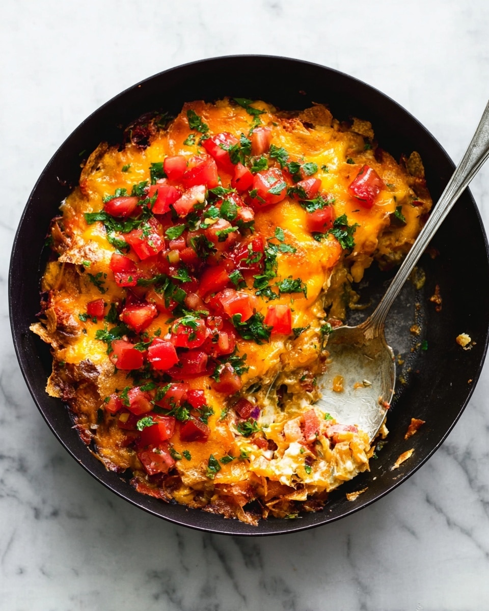 A black pan filled with a layered dish of melted golden orange cheese on top, covered with small chunks of bright red tomatoes and green herbs. Underneath the cheese, there are pieces of slightly crunchy textured chips mixed with a mix of red and green cooked vegetables, making a colorful base. Some cheese is melted into the sides of the pan, showing a rich, creamy texture. A silver spoon rests inside the pan, with a bit of the cheesy mixture on it. The pan sits on a white marbled surface photo taken with an iphone --ar 4:5 --v 7