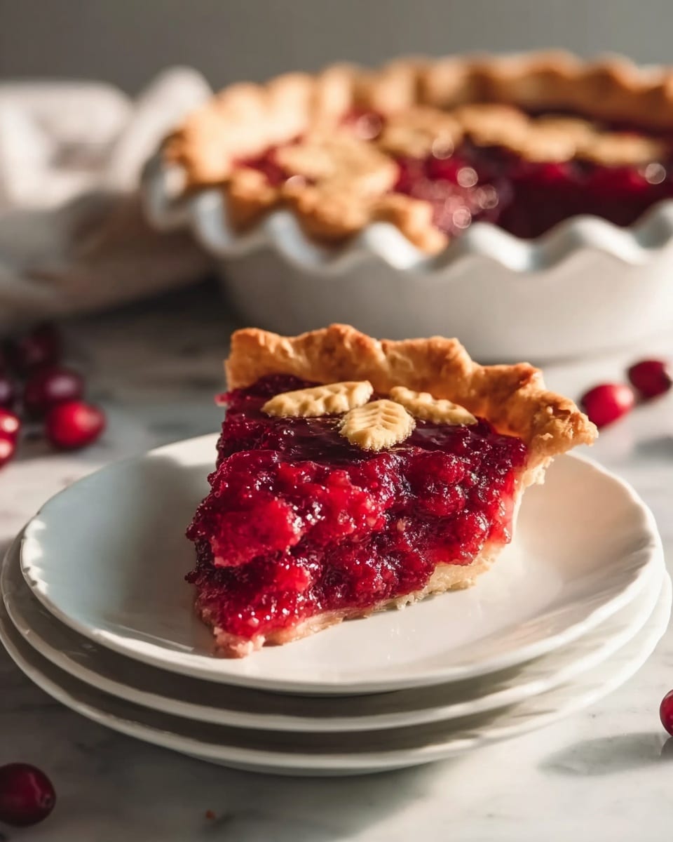 A slice of bright red cranberry pie with a thick and shiny filling sits on a stack of two white plates, showing a clear texture with visible bits of cranberry. The top crust is golden brown with three small decorative shapes of dough—two leaves and an oval—that rest on the edge. In the background, a white pie dish holds the remaining pie with a scalloped crust edge. Some fresh cranberries are scattered on a white marbled surface around the plates, and a woman's hand reaches toward the pie. The scene is lit with soft natural light that highlights the colors and textures. Photo taken with an iphone --ar 4:5 --v 7