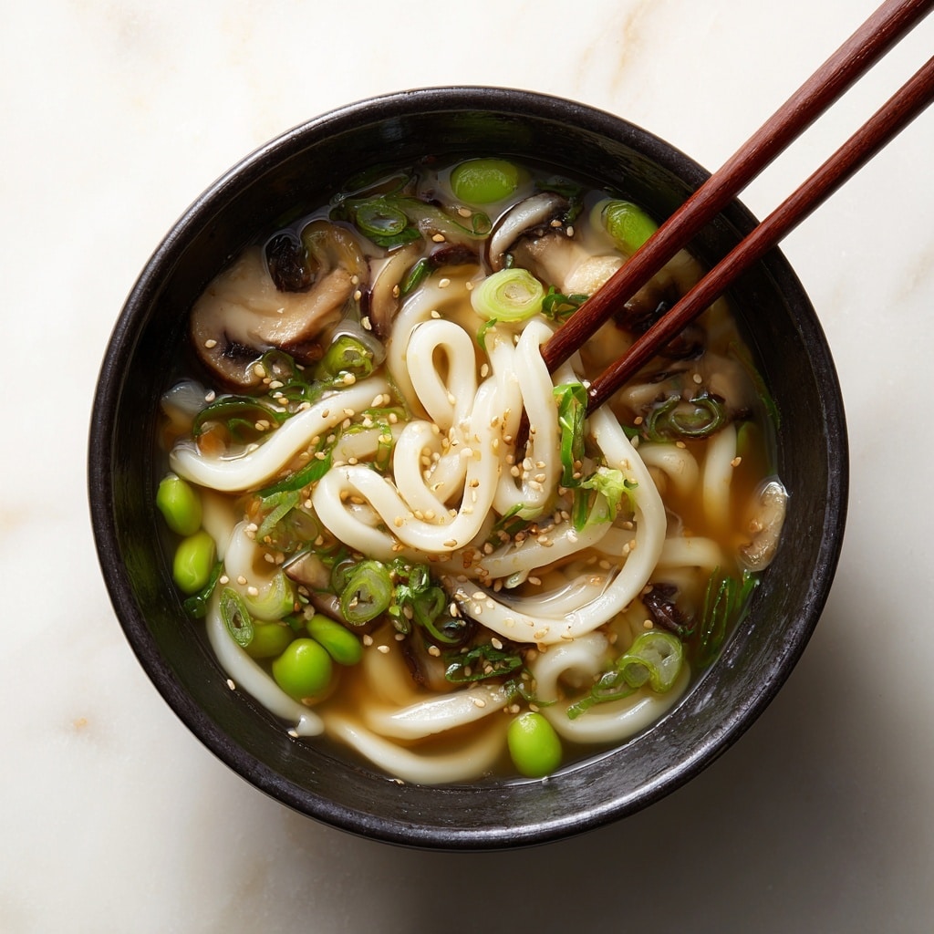 A black bowl filled with thick, white udon noodles in clear broth sits on a white marbled surface. The noodles are twisted in rich loops and some are lifted by a pair of wooden chopsticks held by a woman's hand. Bright green edamame beans and sliced dark brown mushrooms are scattered throughout the soup along with thin slices of light green scallions. Tiny sesame seeds float on top, adding texture to the warm, comforting layers of the dish. Photo taken with an iphone --ar 4:5 --v 7