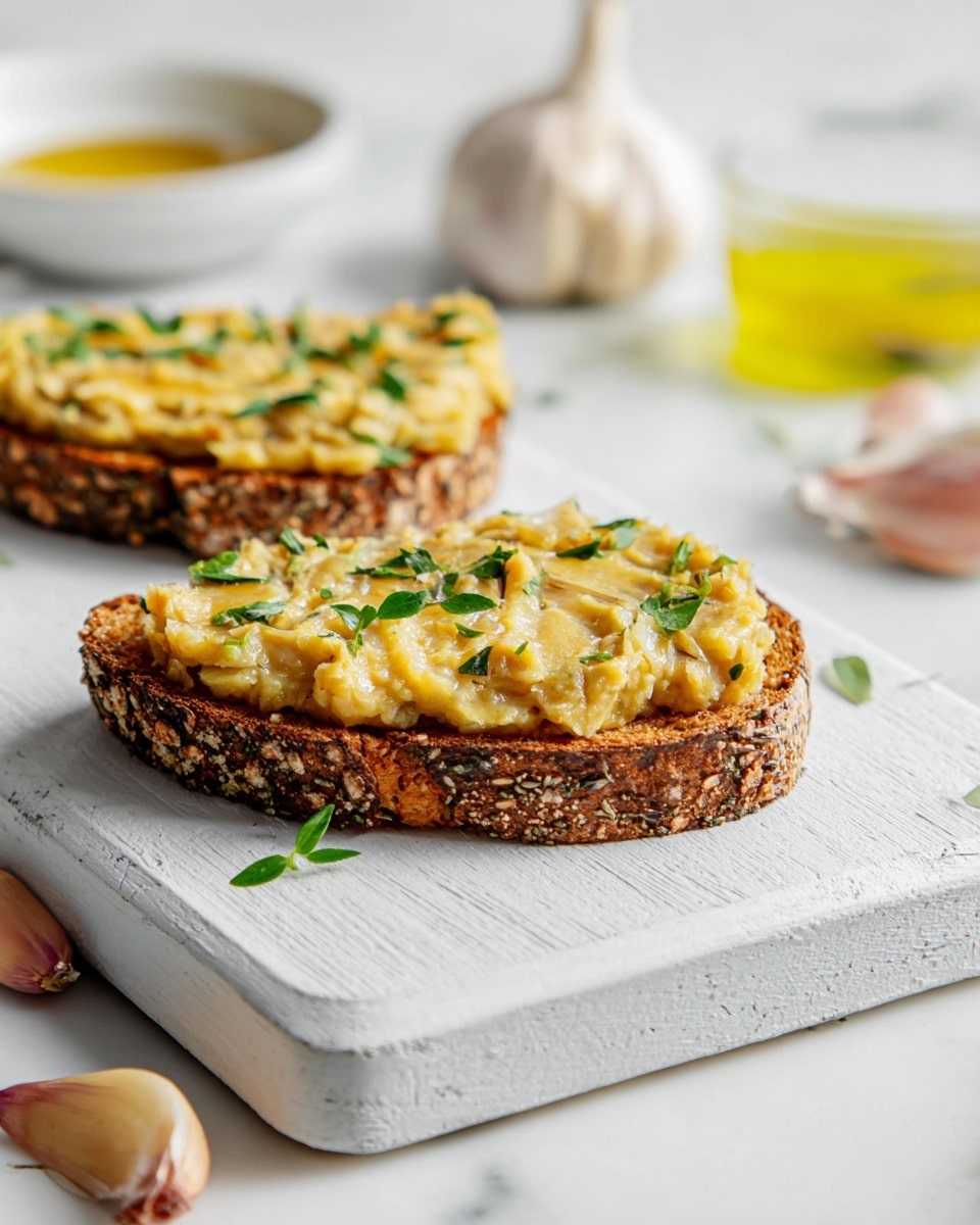 Two slices of dark multigrain toasted bread sit on a white wooden board; each slice is topped with a thick layer of mashed pale golden roasted garlic mixed with small green herb leaves, spread evenly. The bread has a rough, crunchy texture with visible seeds and grains on the crust. Behind the board, there are garlic cloves and bulbs blurred softly on a white marbled surface, and a white bowl with yellow olive oil sits partially visible in the background. The lighting is bright and natural, highlighting the textures and colors clearly. Photo taken with an iphone --ar 4:5 --v 7