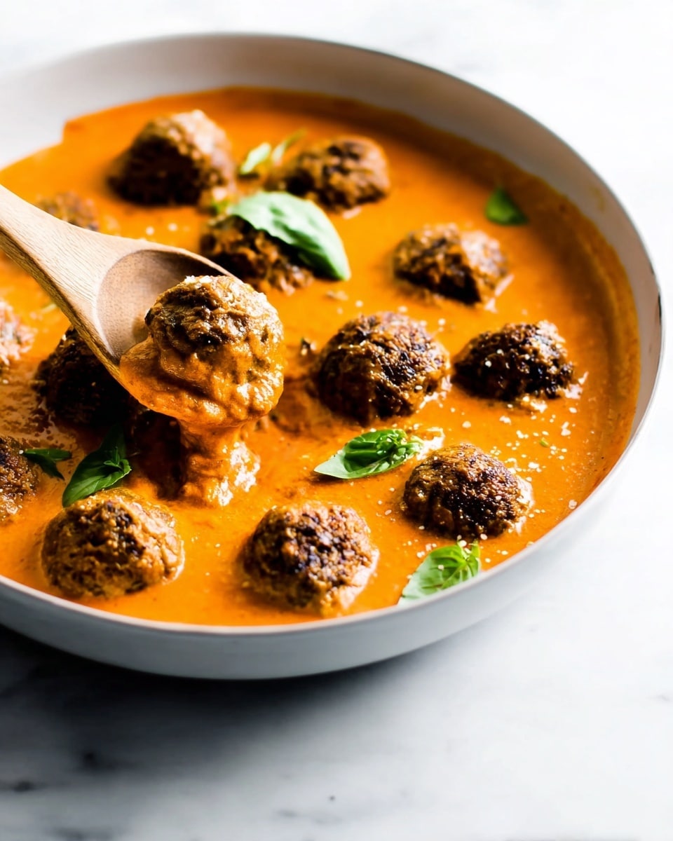 A white bowl filled with a bright orange creamy sauce, holding about nine dark brown meatballs partially covered by the sauce. A wooden spoon lifts one meatball near the front center, showing its textured surface with sauce around it. Small green basil leaves float on the left side of the bowl, which sits on a white marbled surface. The image focuses on the meatballs and sauce with soft lighting and a shallow depth of field. photo taken with an iphone --ar 4:5 --v 7