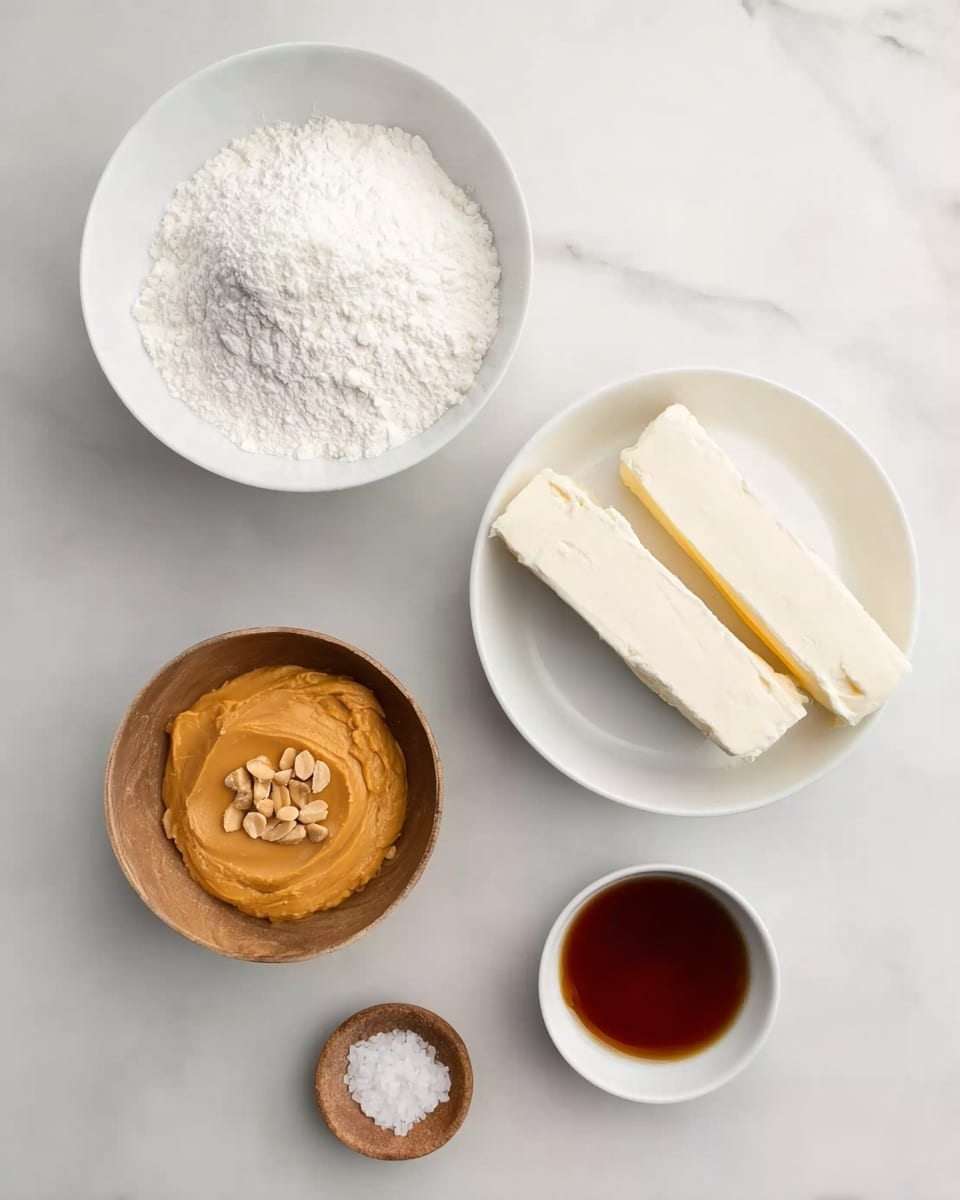 The image shows five bowls on a white marbled surface. The top right bowl is white and holds two long blocks of cream cheese, showing a smooth and soft texture. Below it and slightly to the left is a larger white bowl filled with a fine white powder, likely powdered sugar, with a light, fluffy look. To the right of this is a medium bowl filled with a thick, light brown mixture with small peanut pieces on top, possibly peanut butter. On the bottom left is a small wooden bowl with a small amount of salt, crystalline and white. On the bottom right is a tiny white bowl with a dark reddish-brown liquid, likely vanilla extract. The bowls and ingredients are neatly arranged on the white marbled surface. Photo taken with an iphone --ar 4:5 --v 7