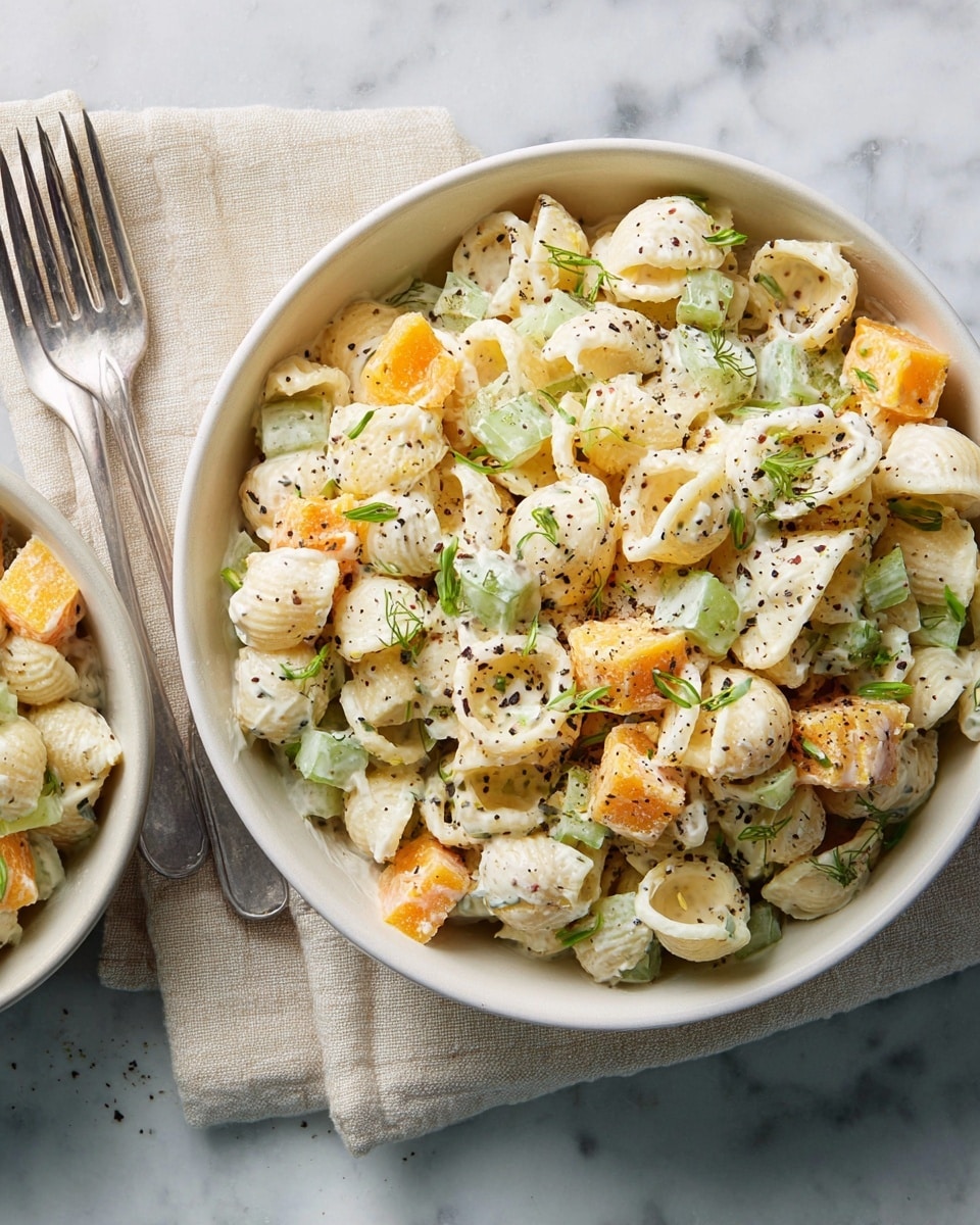 A white bowl filled with creamy pasta salad featuring three main layers: small shell pasta in a light yellow color, cubed orange cheese, and cubed green pickles, all mixed evenly with a white creamy dressing. The salad is topped with bits of black pepper and small green herb sprigs scattered on top. The bowl sits on a cream cloth on a white marbled surface, with two forks placed above it. Photo taken with an iphone --ar 4:5 --v 7
