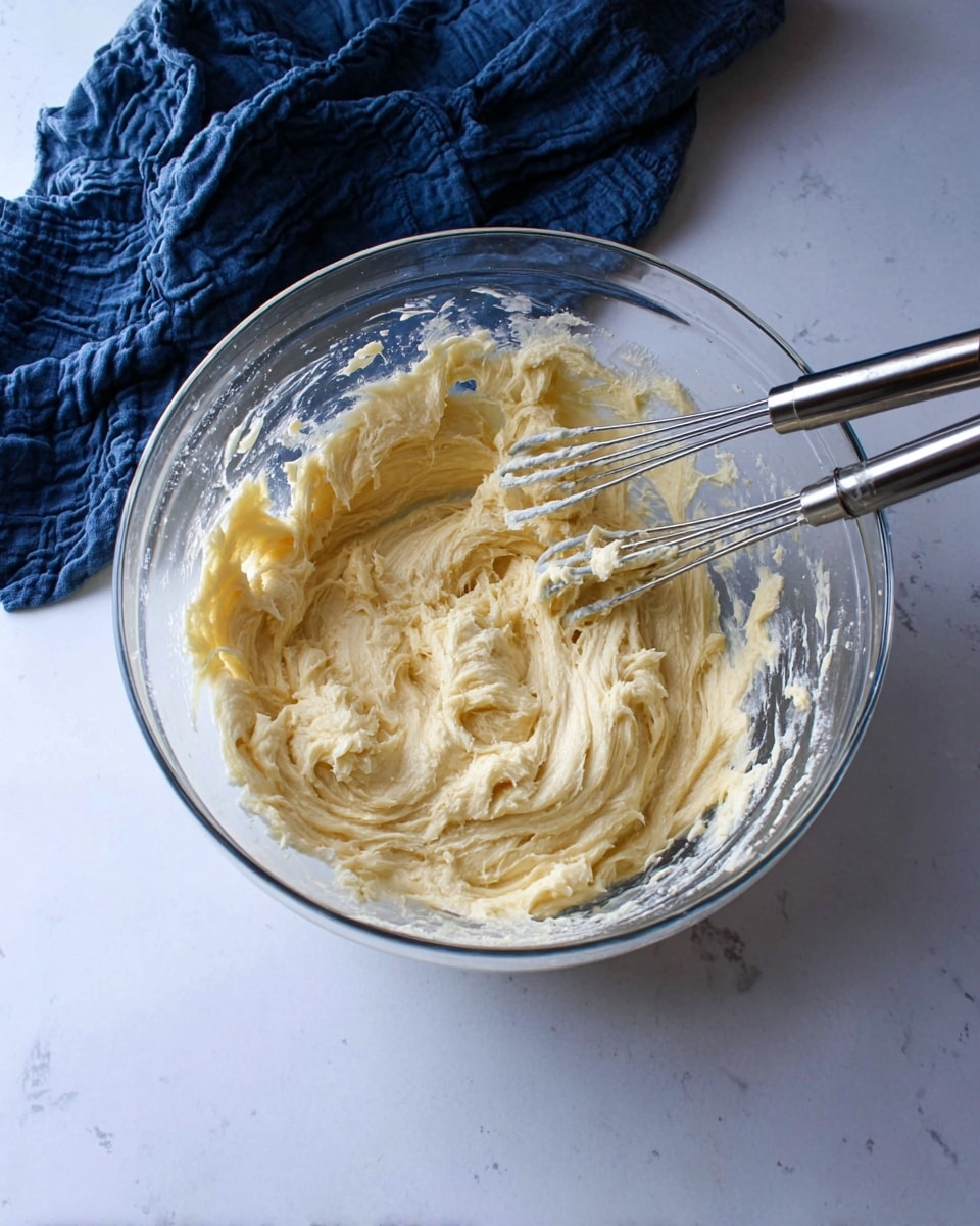 A clear glass bowl sits on a white marbled surface with thick, creamy light yellow dough inside. Two shiny metal beaters rest in the dough, showing a soft, fluffy texture with swirls and peaks from mixing. In the background, there is a crumpled dark blue cloth adding contrast to the scene. photo taken with an iphone --ar 4:5 --v 7