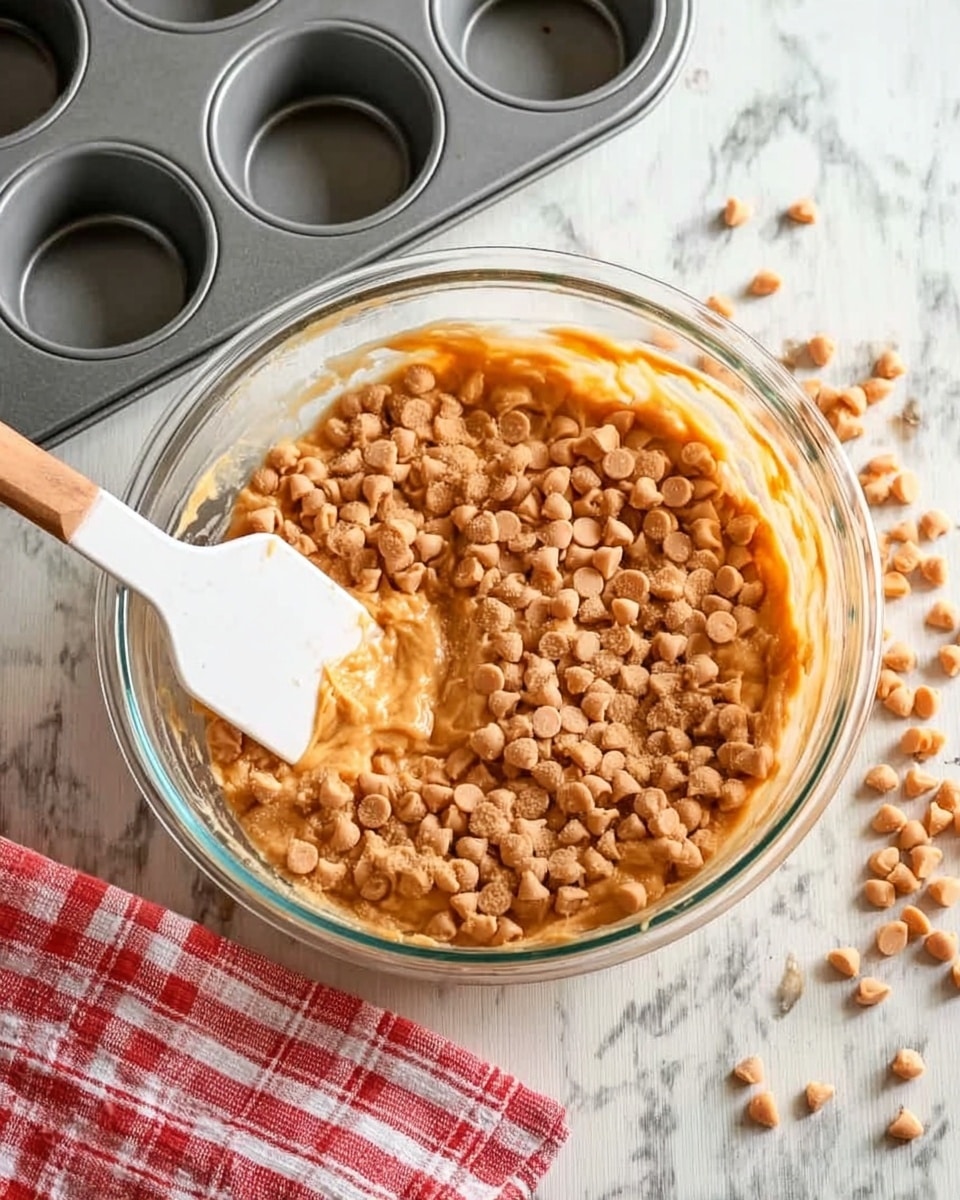 A clear glass bowl filled with orange batter with soft texture is topped with a thick layer of light brown chips that cover almost the whole surface. A white spatula rests inside the bowl on the left side, partially dipped in the batter. The bowl sits on a white marbled surface with scattered light brown chips around it. In the upper left corner, there is a gray metal muffin tray with empty cups visible. A red and white striped cloth is placed near the bottom left corner of the image. Photo taken with an iphone --ar 4:5 --v 7