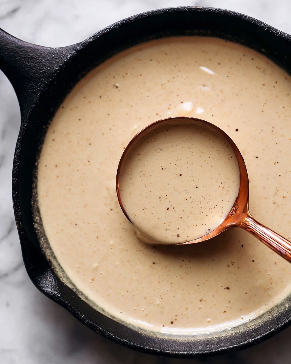 A black pan filled with one smooth, creamy sauce of light beige color with tiny specks of seasoning scattered throughout, giving it a slightly textured look; a copper ladle is dipped into the sauce near the center, holding some of the sauce with a shiny, reflective surface. The background is a white marbled texture. Photo taken with an iphone --ar 4:5 --v 7