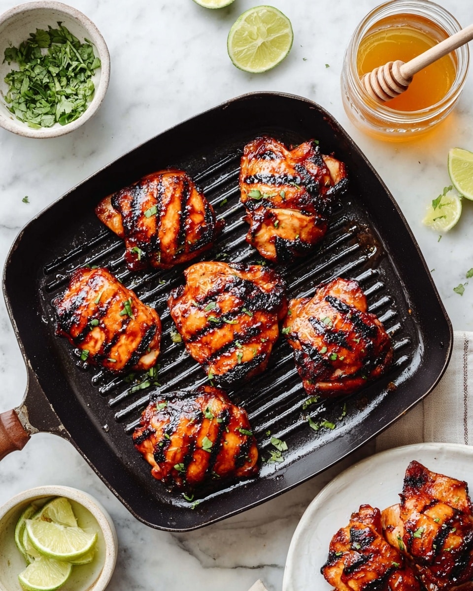 A black grill pan sits on a white marbled surface, holding six pieces of grilled chicken thighs with dark brown and black char marks, showing a juicy orange-brown glaze. To the left, a small white bowl contains fresh green chopped herbs. At the top right, a glass jar with a honey dipper is filled with golden honey, next to a small white bowl of lime wedges with bright green skin and light yellow-green flesh. In the bottom right corner, a white plate holds more grilled chicken pieces with similar char marks and glaze around them. Photo taken with an iphone --ar 4:5 --v 7