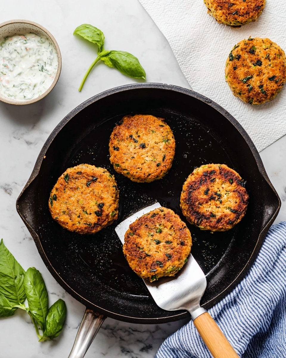 The image shows a black cast iron pan on a white marbled surface with four golden brown patties being cooked. Each patty is round and thick with visible green herbs and small bits inside, giving them a textured look. A spatula with a light wood handle holds one patty from underneath. To the right, several more patties rest on white paper towels on the white marbled surface, absorbing oil. On the left side, there is a small white bowl filled with a white sauce that has green specks, along with some fresh green basil leaves nearby. A blue and white striped cloth is placed at the bottom right corner. Photo taken with an iphone --ar 4:5 --v 7
