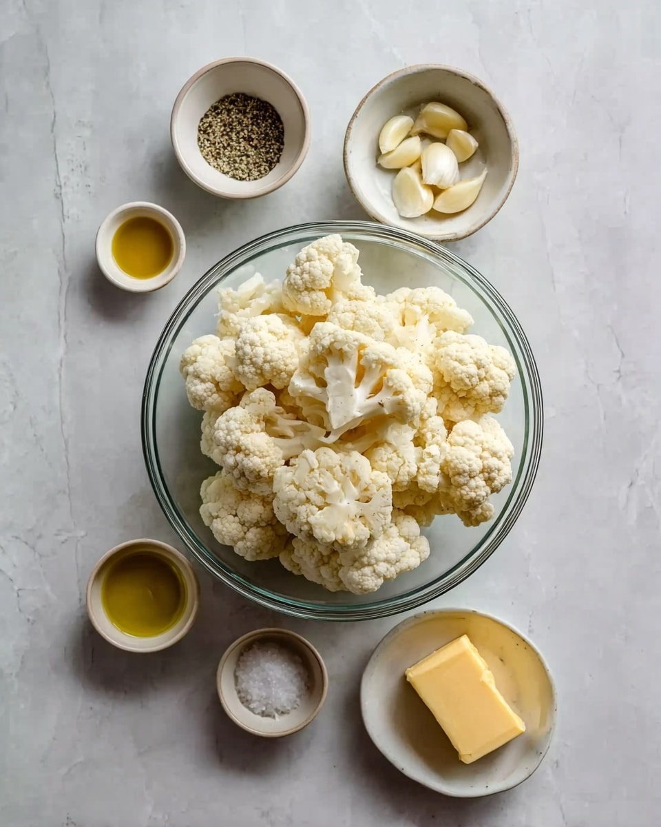 A clear glass bowl in the center filled with large cauliflower pieces, off-white with a slightly bumpy texture, surrounded by five small white bowls arranged in a loose circle around it. The small bowls contain, clockwise from the top: black pepper, white salt, three cloves of garlic, golden yellow olive oil, and a yellow block of butter. All of this is placed on a white marbled surface. Photo taken with an iphone --ar 4:5 --v 7