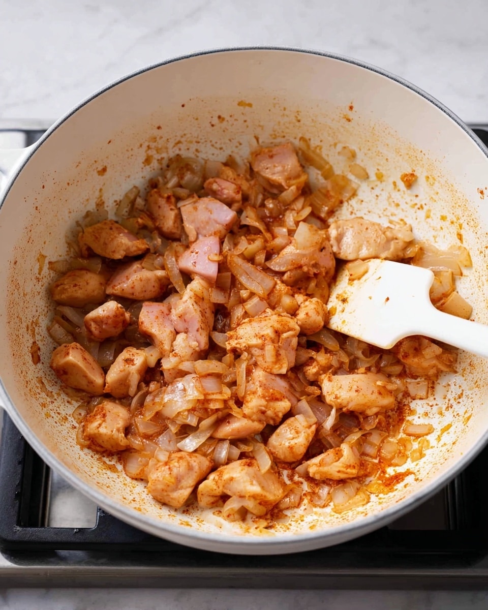 Inside a large white cooking pot, there are small pieces of light pink chicken mixed with finely chopped onions. The chicken pieces are covered with a reddish-brown seasoning, giving them a warm color. The onions are soft and translucent, scattered around the chicken. A white spatula is stirring the mixture, moving through the middle of the pot. The inside of the pot shows some orange and brown stains from cooking. The pot sits on a white marbled stove top surface. Photo taken with an iphone --ar 4:5 --v 7