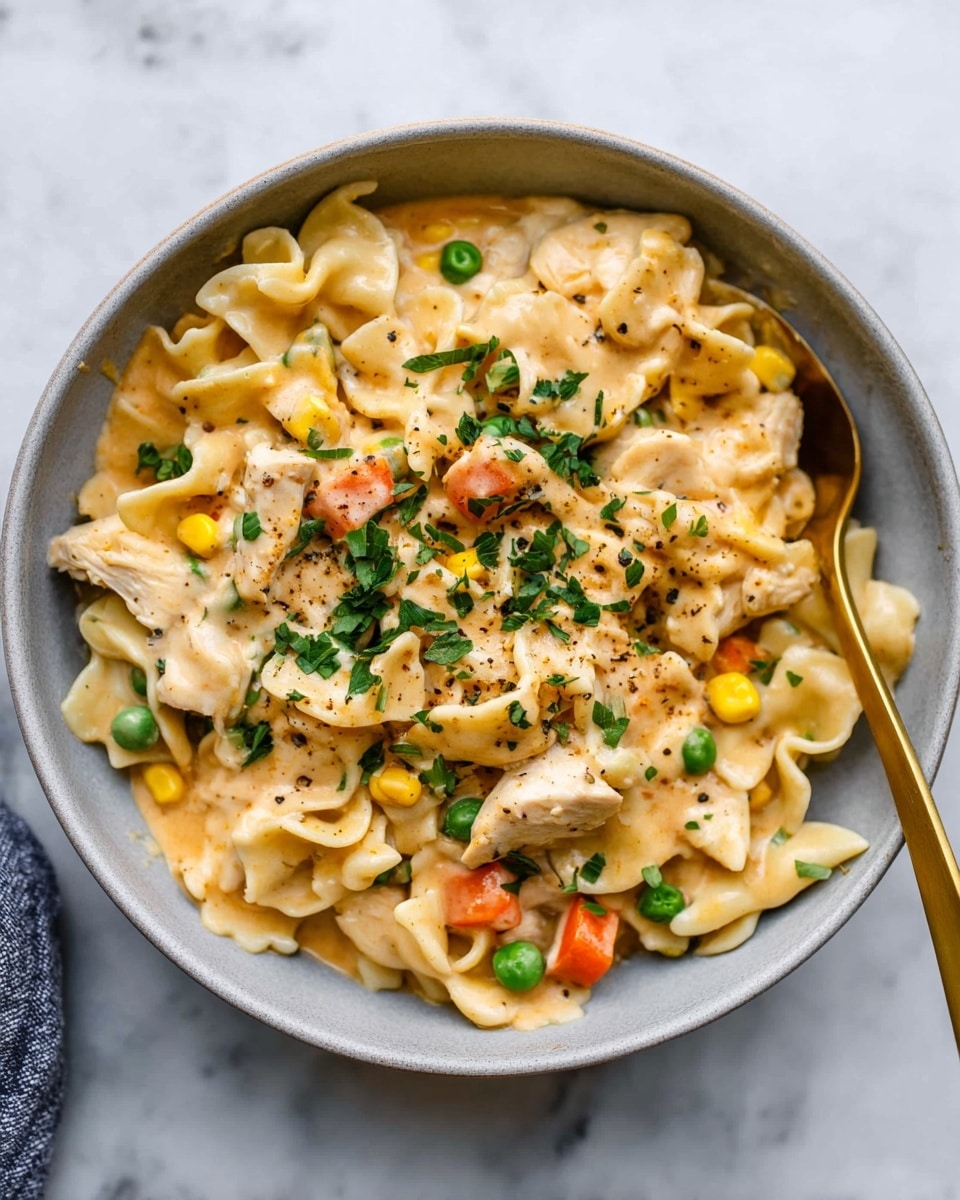 A bowl of creamy pasta with three main layers: the bottom layer is a mix of cooked egg noodles that are pale yellow with a soft texture, the middle layer features small pieces of light-colored chicken and scattered bright yellow corn kernels along with green peas and small orange carrot cubes, all coated in a smooth, light orange cheese sauce, and the top layer is sprinkled with finely chopped green herbs and cracked black pepper, creating a fresh contrast. A gold spoon rests inside the bowl on the right side. The bowl is light gray and sits on a white marbled surface. photo taken with an iphone --ar 4:5 --v 7