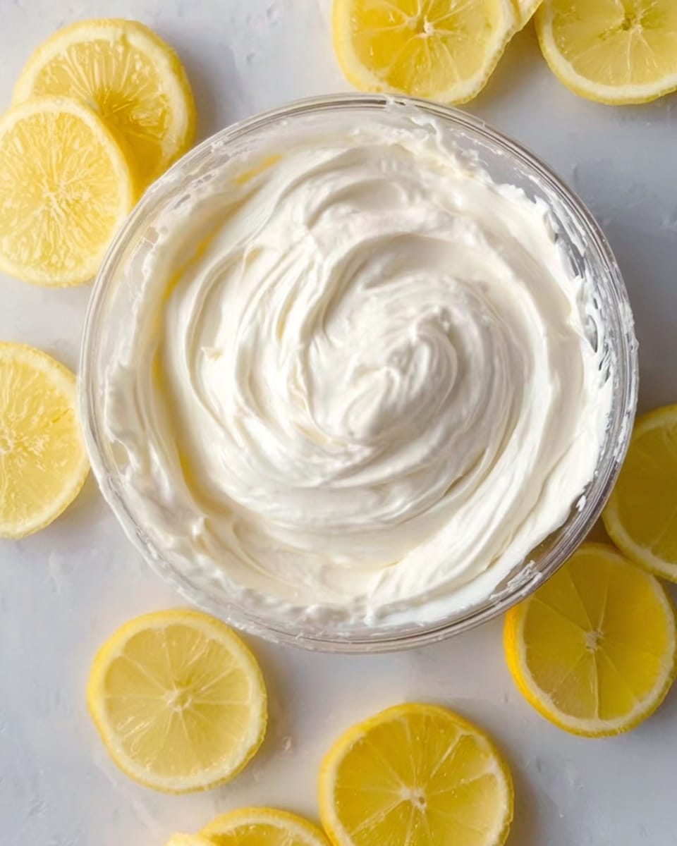 A clear glass bowl filled with thick, creamy white frosting with soft swirls on its surface. Around the bowl, there are bright yellow lemon wedges scattered on a white marbled surface. A woman's finger is lightly touching the edge of the bowl. The lighting is bright and natural, emphasizing the smooth texture of the frosting and the fresh look of the lemon slices. photo taken with an iphone --ar 4:5 --v 7