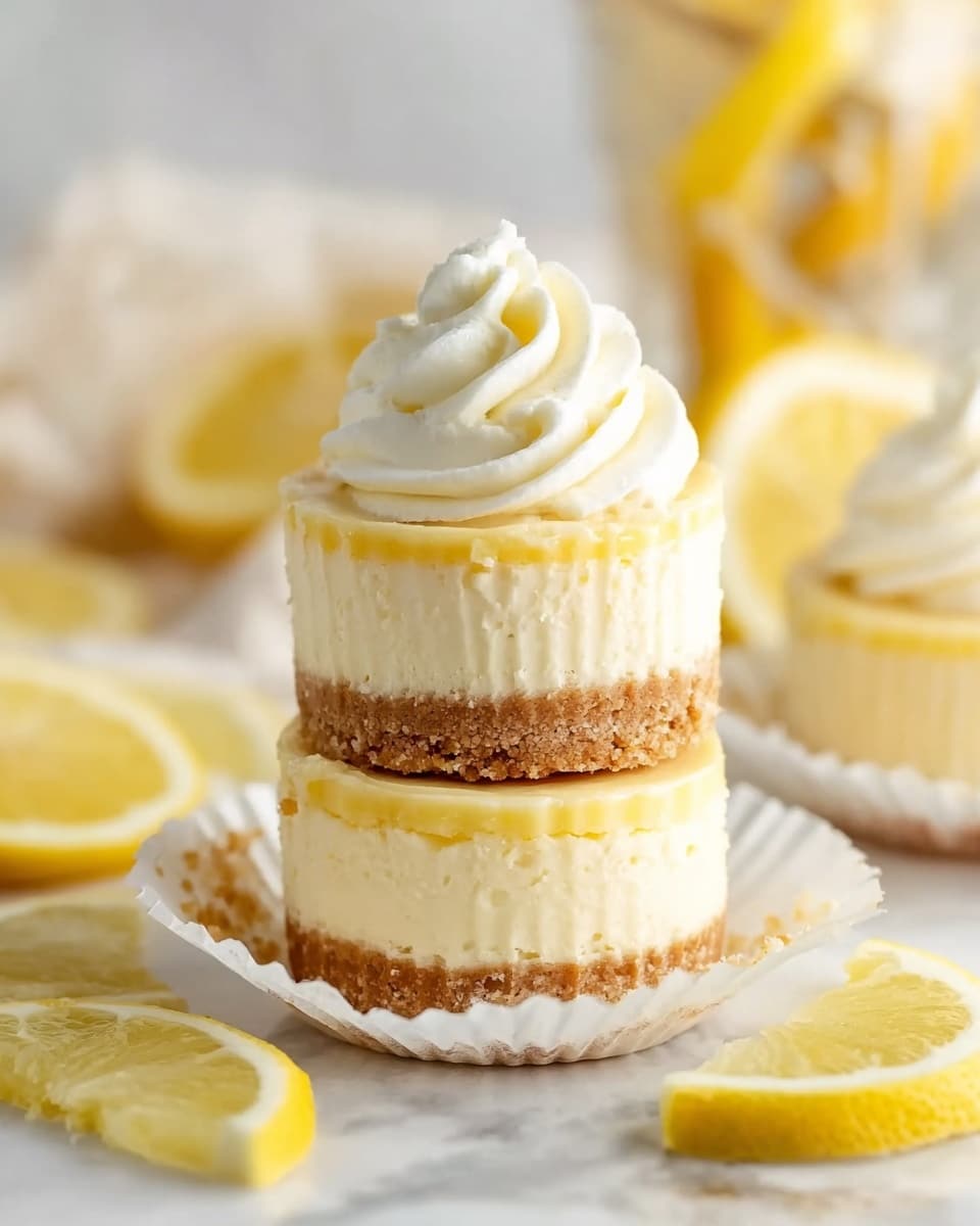 Two small cheesecakes are stacked on a white marbled surface with one cheesecake sitting on top of the other. Each cheesecake has three visible layers: a light brown crumbly base, a thick creamy pale yellow middle, and a smooth yellowish top layer. The top cheesecake is topped with a swirl of white whipped cream. Around the cheesecakes, there are lemon wedges and halves, adding a fresh yellow color to the scene. The cupcake wrappers are white and slightly crinkled. The background is softly blurred, showing hints of glass and more lemon slices. The photo taken with an iphone --ar 4:5 --v 7